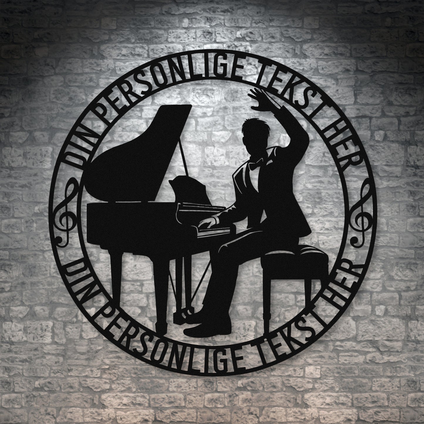 Personlig mandlig pianist metal vægskilt med tekst. Unik musiker gaveidé