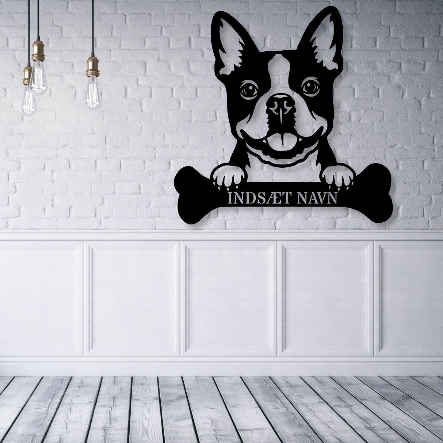 Boston terrier med kødben metalskilt med personlig navn