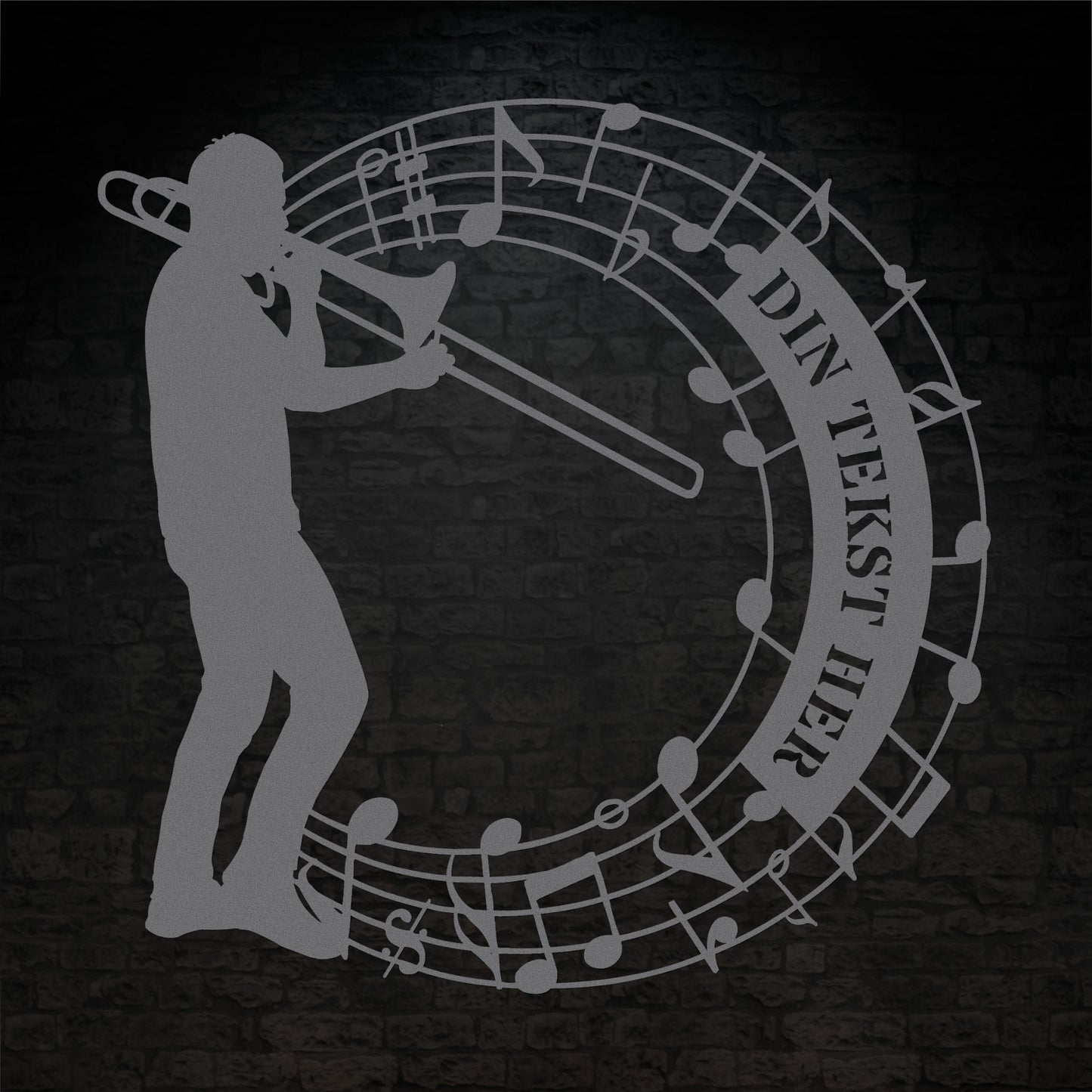 rund trombonist metal vægskilt i sølv med personlig tekst. Unik gaveidé til muikeren