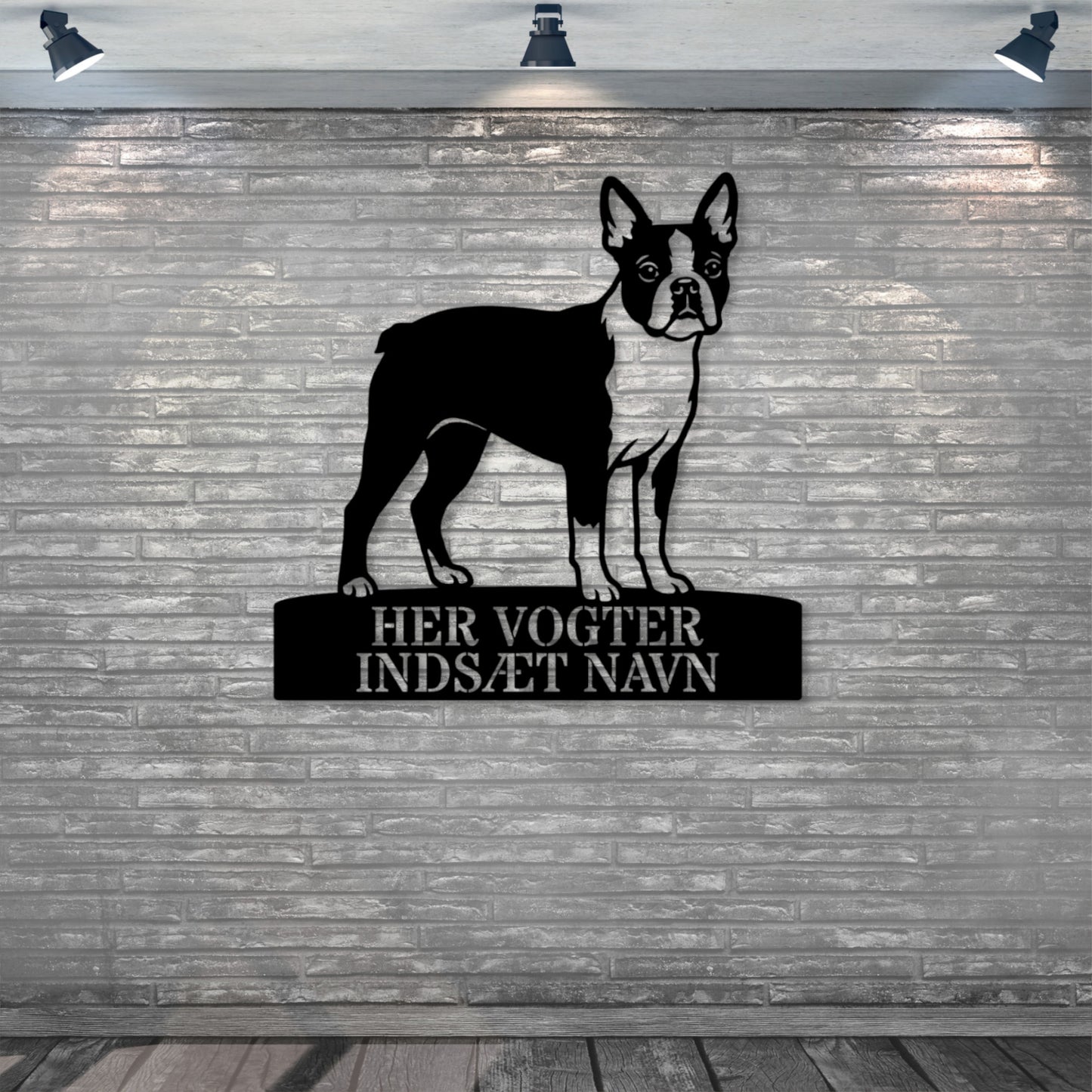 Her vogter jeg. Personlig boston terrier hunde metal navneskilt