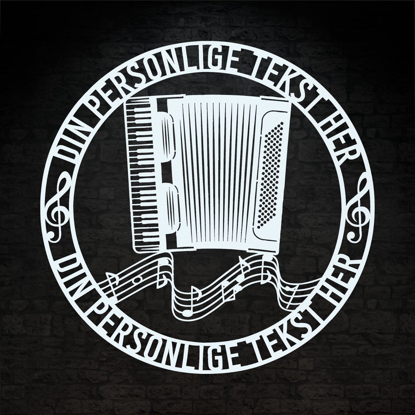 Akkordeon metal vægskilt i hvid med personlig tekst. Unik musiker gaveidé
