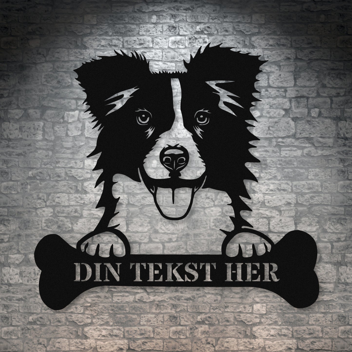 Border Collie hunde metalskilt i sort med personlig tekst. Unik hundeejer gaveidé