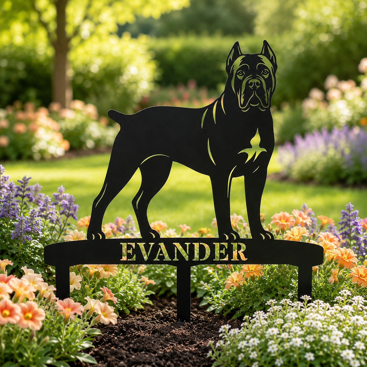 Personlig Cane Corso metalskilt til haven med hundenavn
