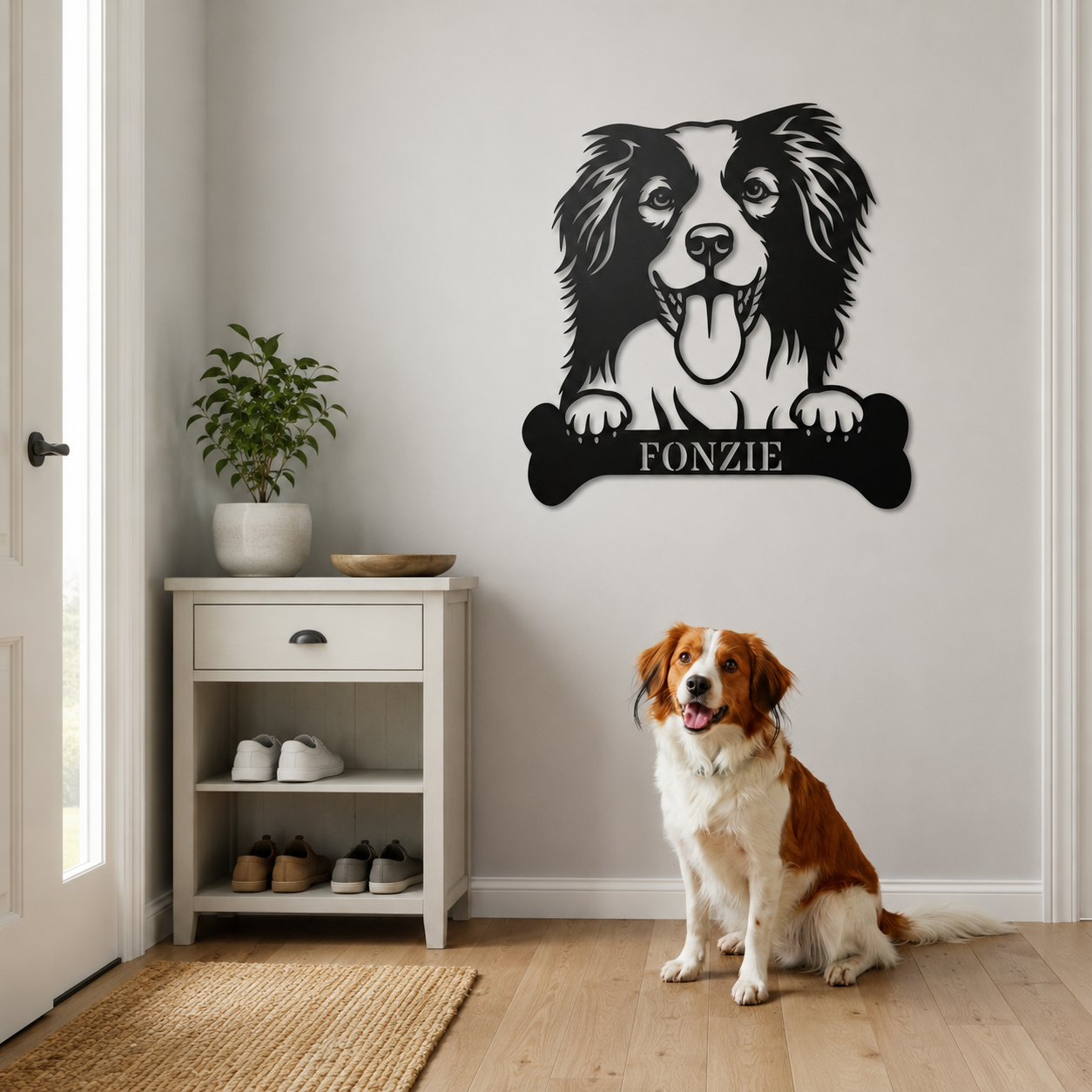 Sjov Hollandsk Kooikerhondje navneskilt med personlig tekst. Unik metalskilt til hundeejeren