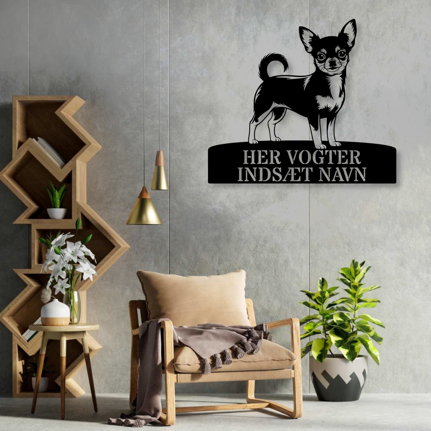 Chihuahua her vogter jeg metalskilt med personlig navn. Unik hundeejer gaveide....