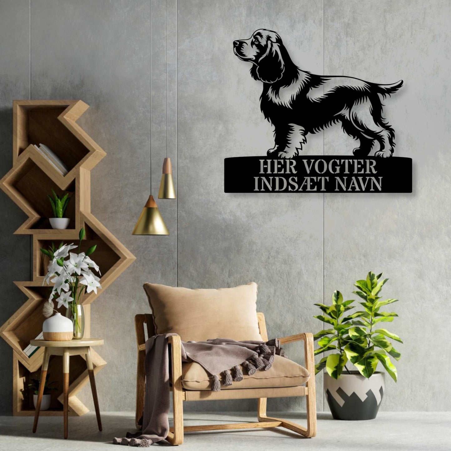 Cocker Spaniel skilt - her vogter jeg metalskilt med personlig navn. Unik hundeejer gaveide....