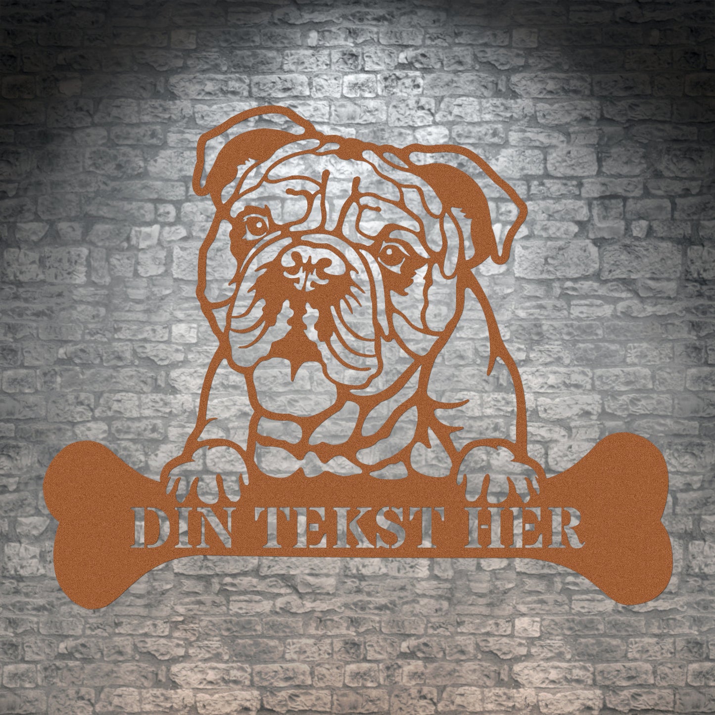 Engelsk Bulldog hunde metalskilt i brun med personlig tekst. Unik hundeejer gaveidé