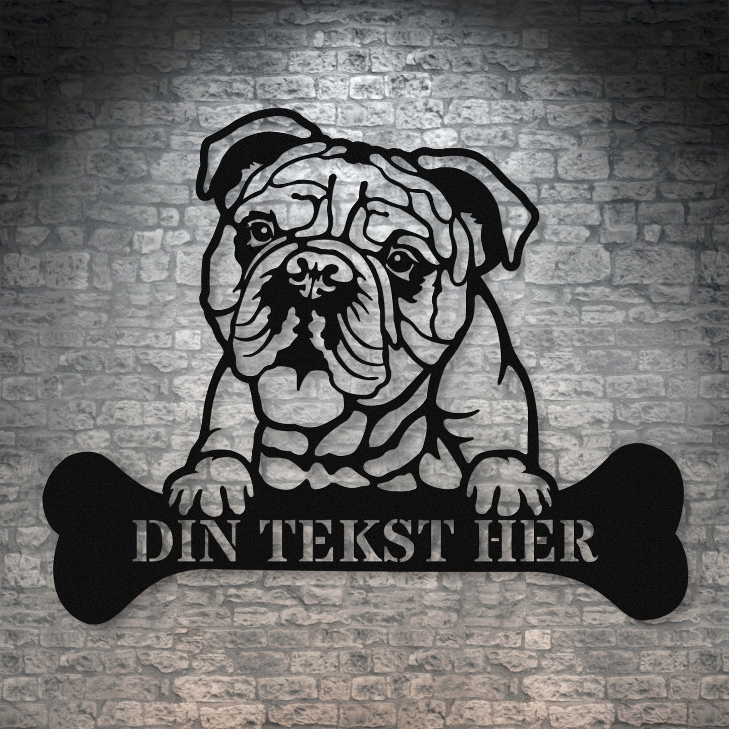 Engelsk Bulldog hunde metalskilt i sort med personlig tekst. Unik hundeejer gaveidé