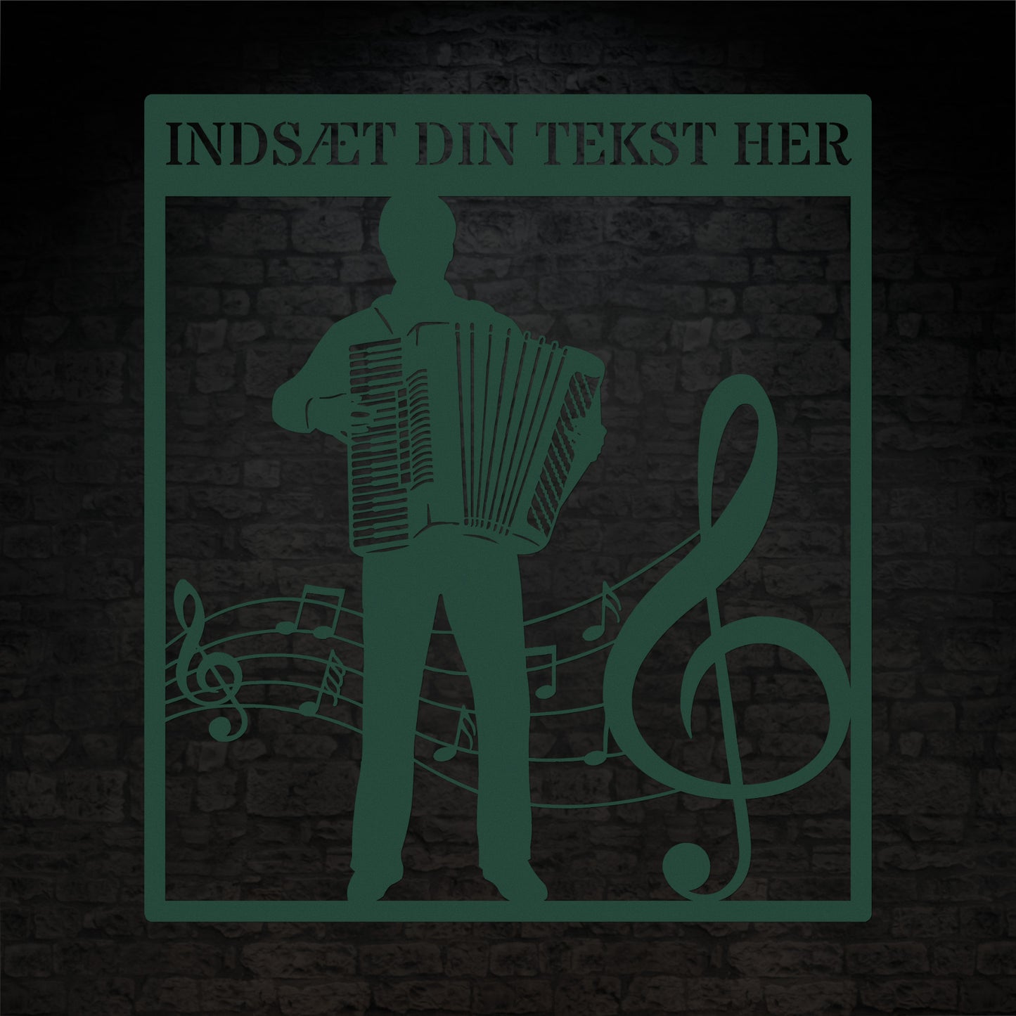 Firkantet harmonika metal vægskilt i grøn med personlig tekst. Unik musiker gaveidé