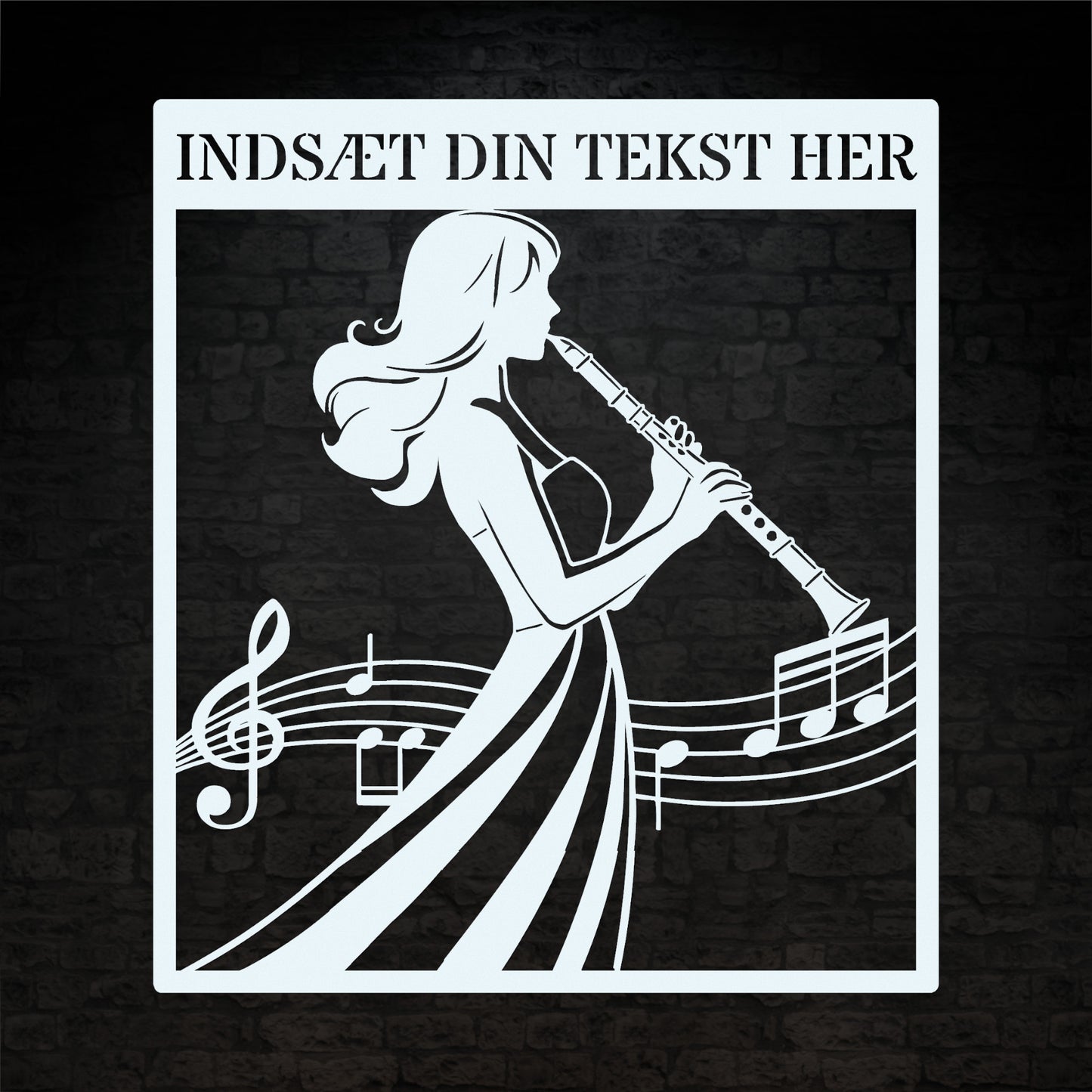 Firkantet klarinet vægskilt i hvid med personlig tekst. Unik gaveidé til muikeren