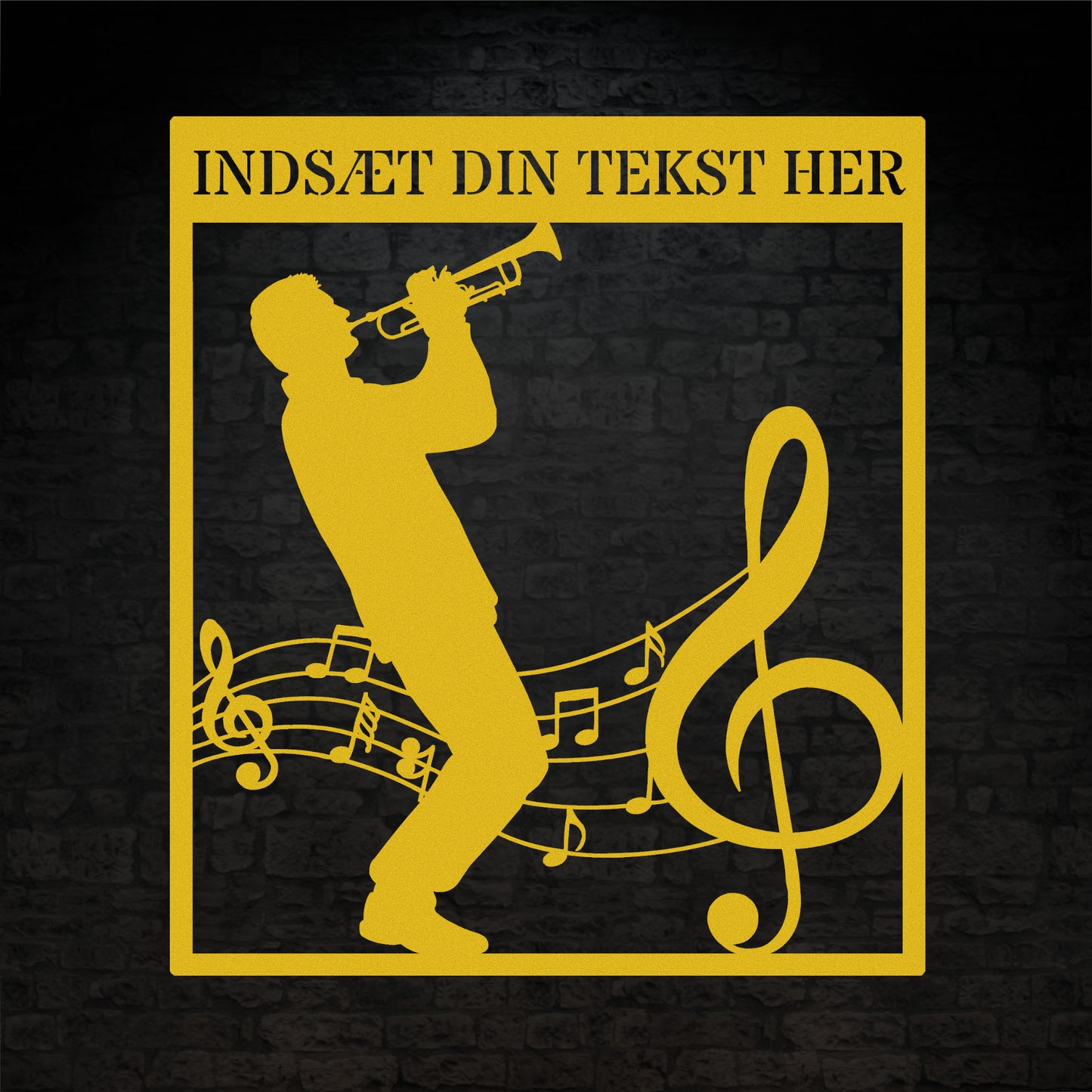 Firkantet trompetist metal vægskilt i gul med personlig tekst. Unik musiker gaveidé