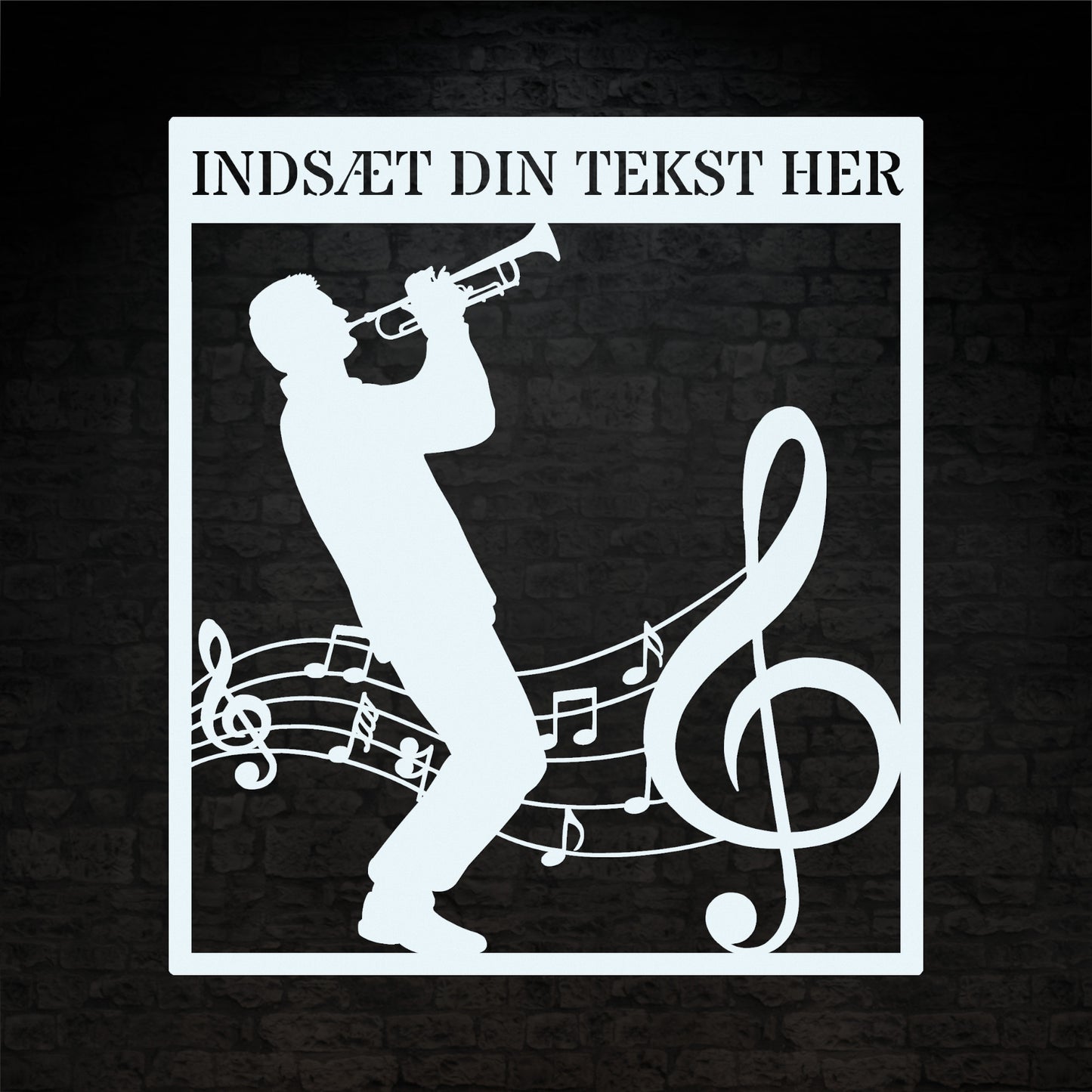 Firkantet trompetist metal vægskilt i hvid med personlig tekst. Unik musiker gaveidé