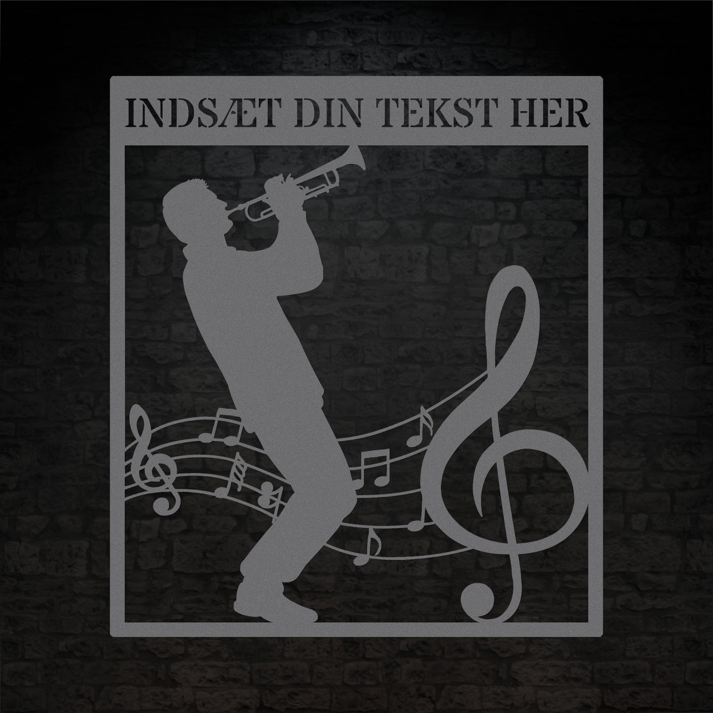 Firkantet trompetist metal vægskilt i sølv med personlig tekst. Unik musiker gaveidé