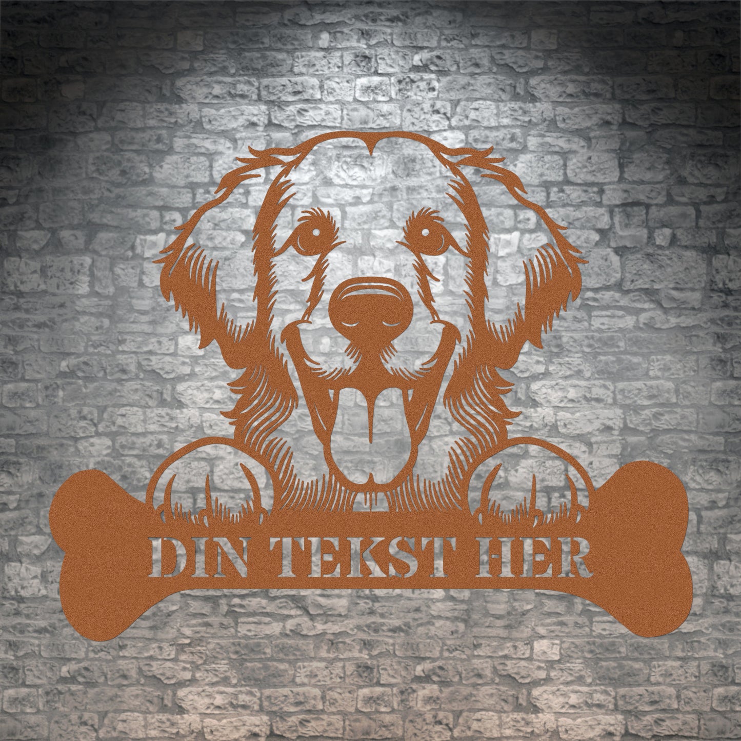 Flot Golden Retriever metalskilt i brun med personlig tekst. Hundeejer navneskilt gaveidé