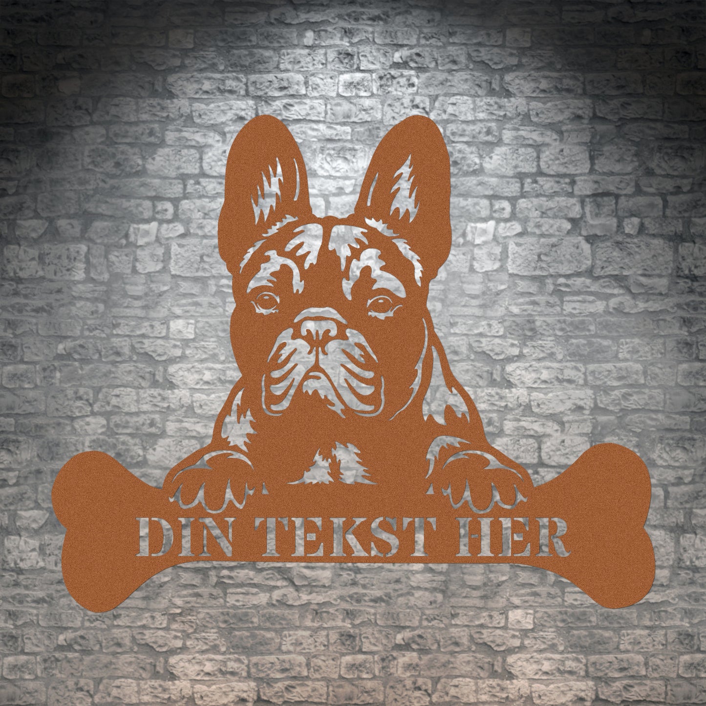 Fransk Bulldog hunde metalskilt i brun med personlig tekst. Unik hundeejer gaveidé
