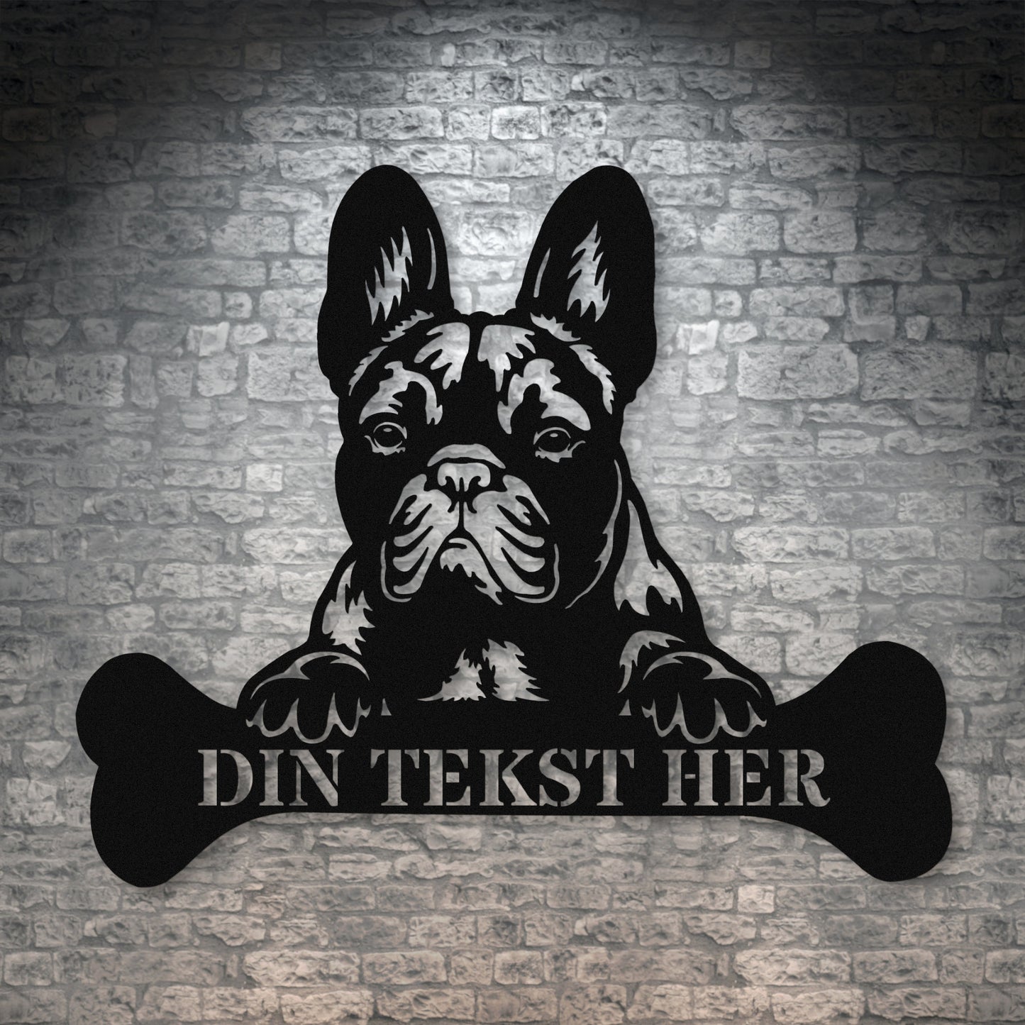 Fransk Bulldog hunde metalskilt i sort med personlig tekst. Unik hundeejer gaveidé