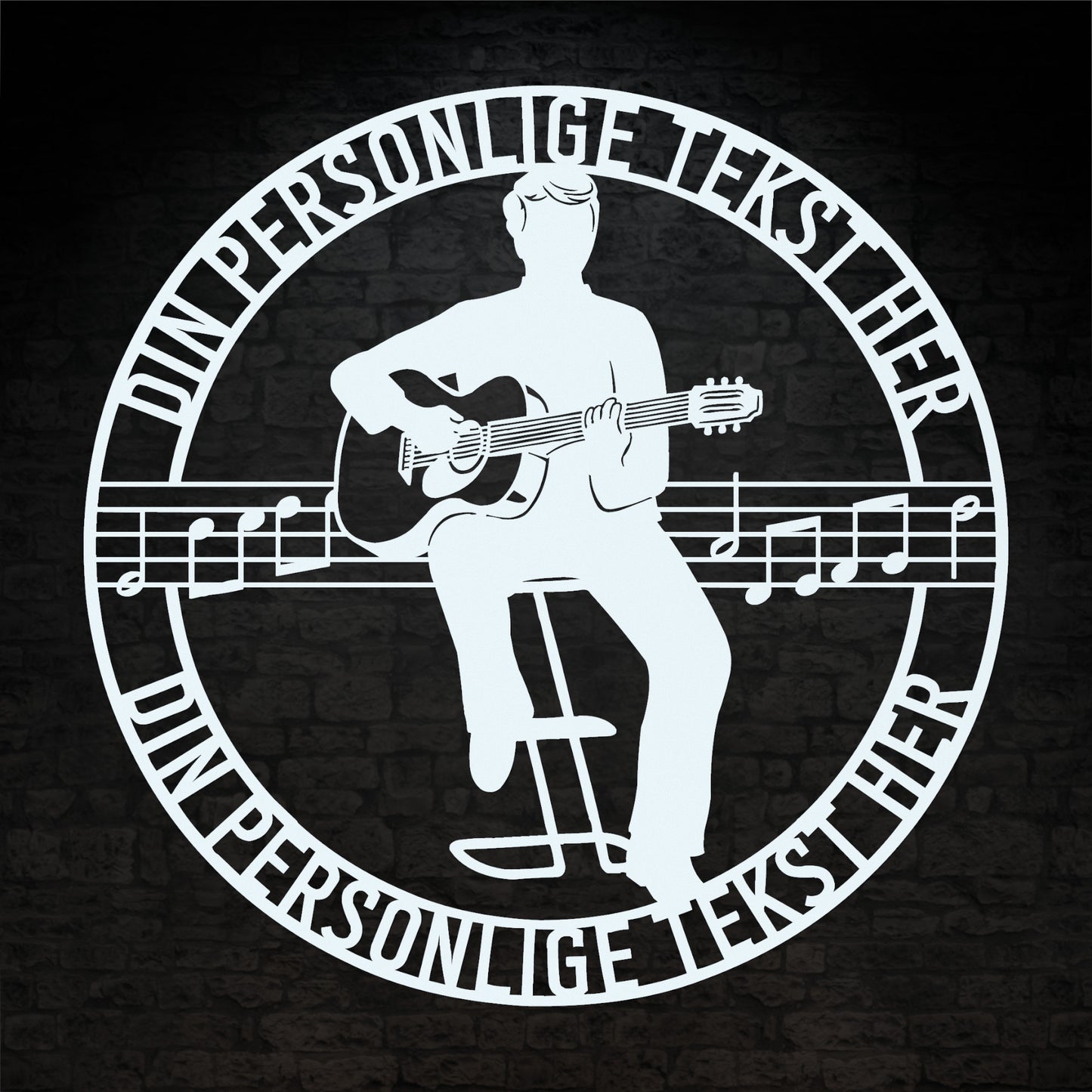Guitarist metalskilt i hvid med personlig tekst. Unik musiker navneskilt gaveidé