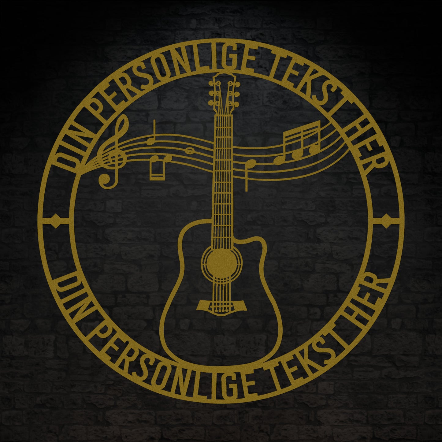 Guldfarvet guitar metalskilt med personlig tekst. Musiker navneskilt gaveidé