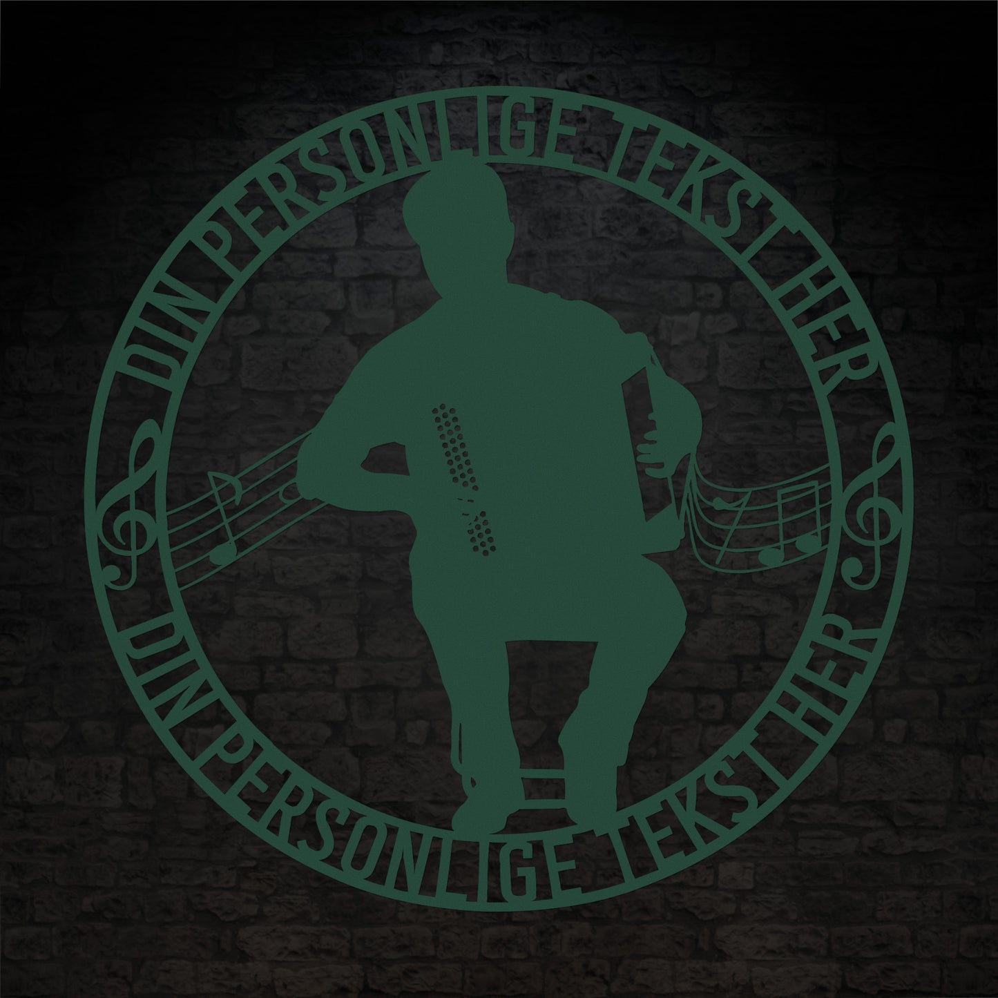 Harmonika spiller - Rund vægskilt i grøn med personlig tekst. Unik musiker gaveidé