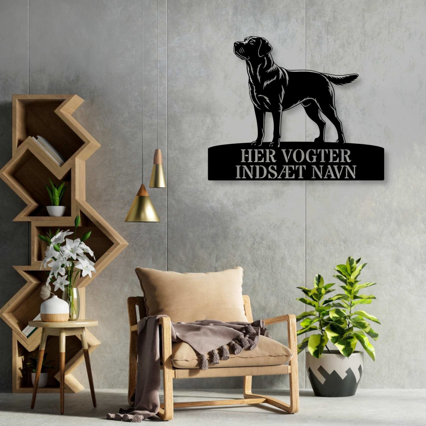 Her vogter jeg. Labrador Retriever metalskilt med personlig navn. Unik hundeejer gaveide....