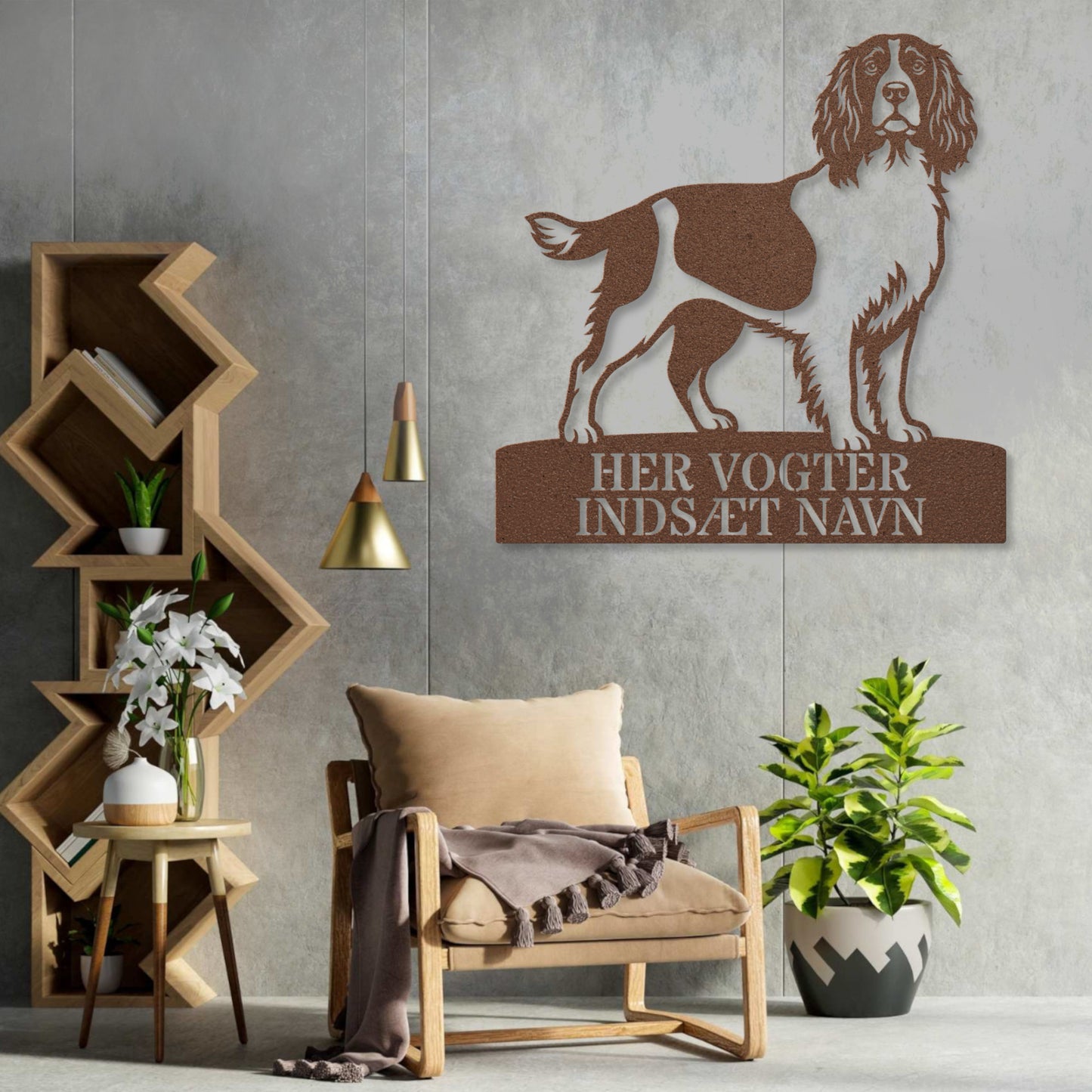 Her vogter jeg. Personlig Engelsk Springer Spaniel brun metal navneskilt.....