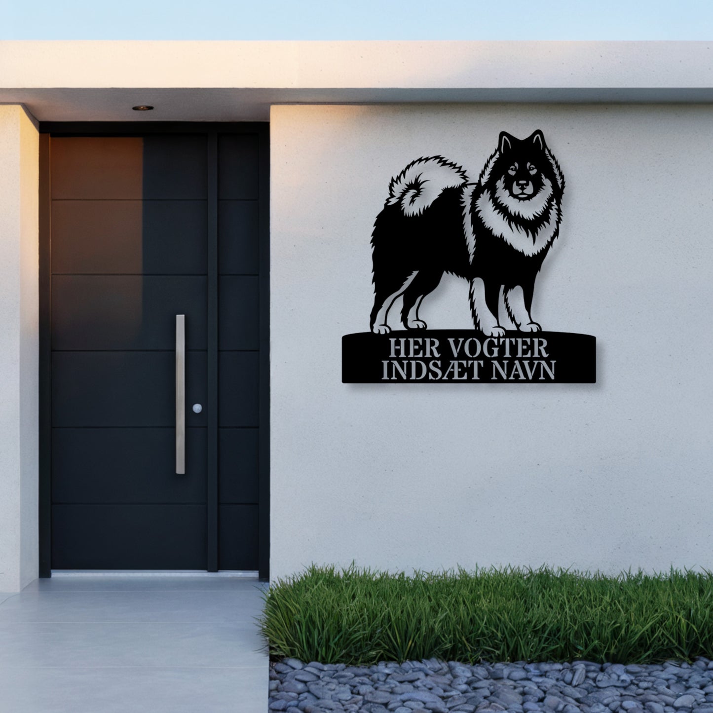 Her vogter jeg. Personlig eurasier metal navneskilt med valgfri tekst......