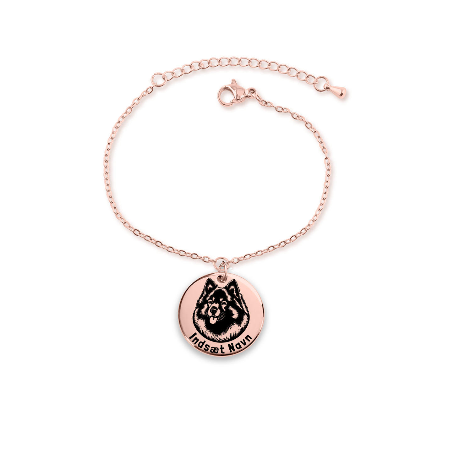 Keeshond rosa guld armbånd i smykkeæske med personlig tekst. Personlig gaveidé til hundeejeren