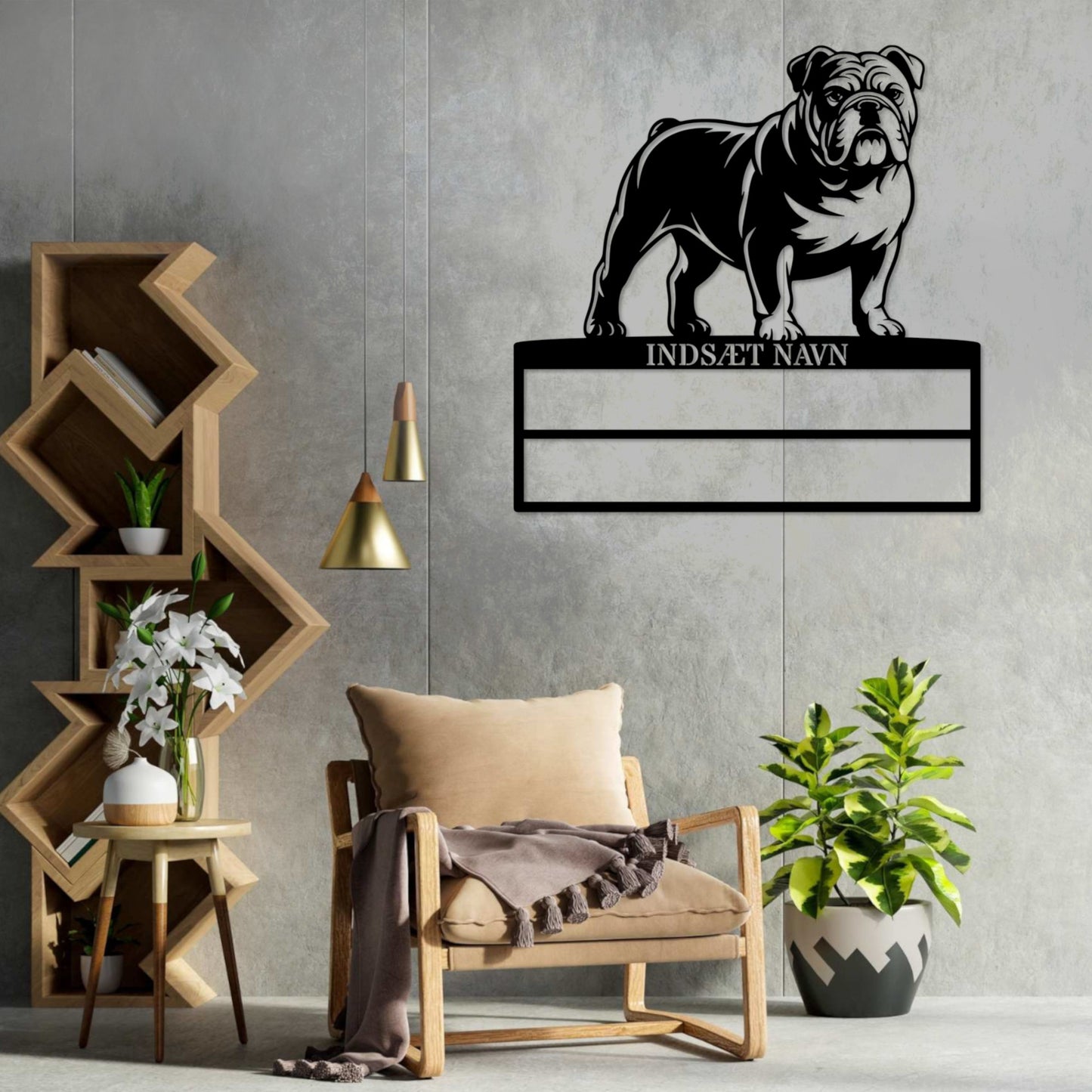 Laserskåret Engelsk Bulldog metalskilt med personlig navn til rosetter. Unik Gaveide til hundeejer....