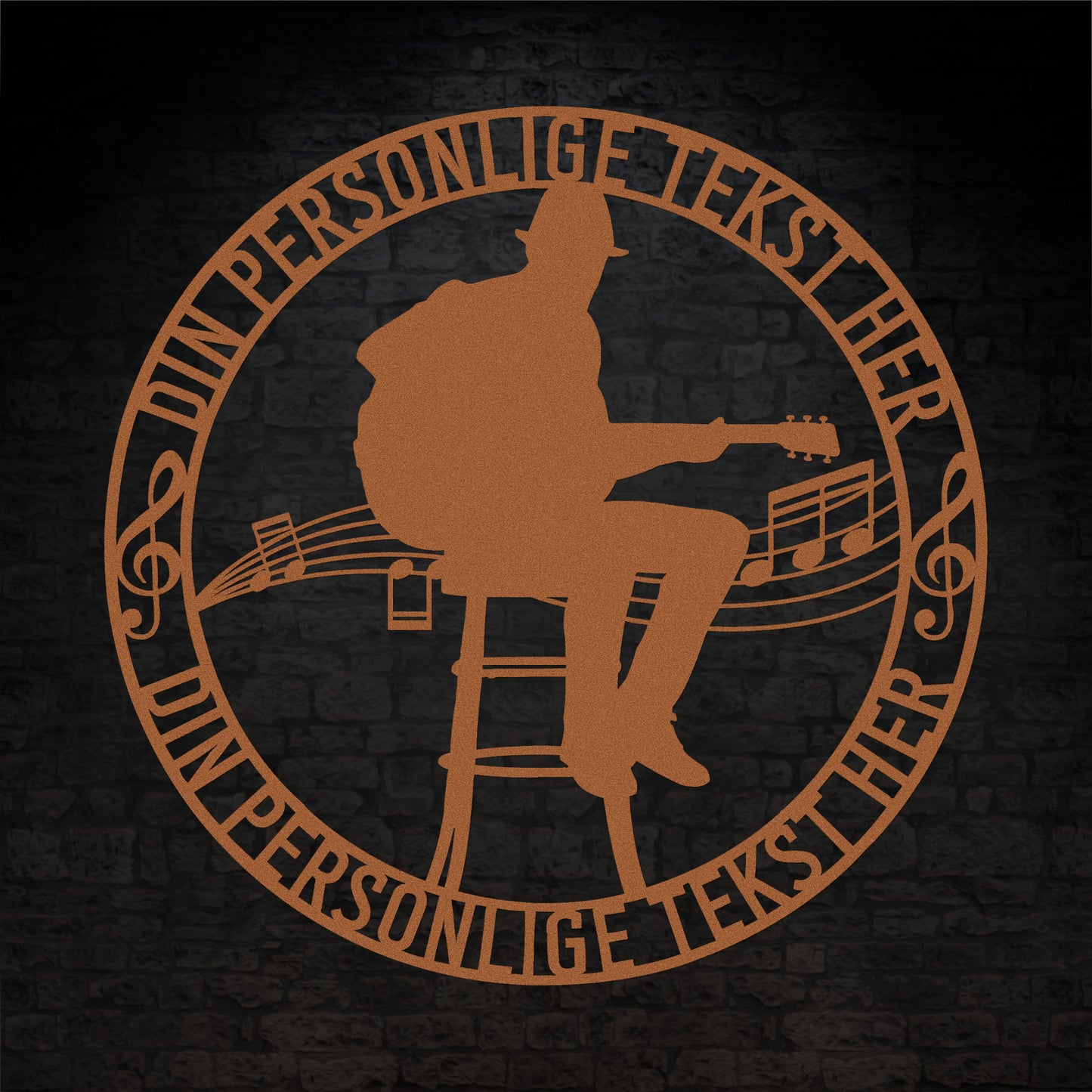 Musiker metalskilt i kobber med personlig tekst. Unik guitarist navneskilt gaveidé