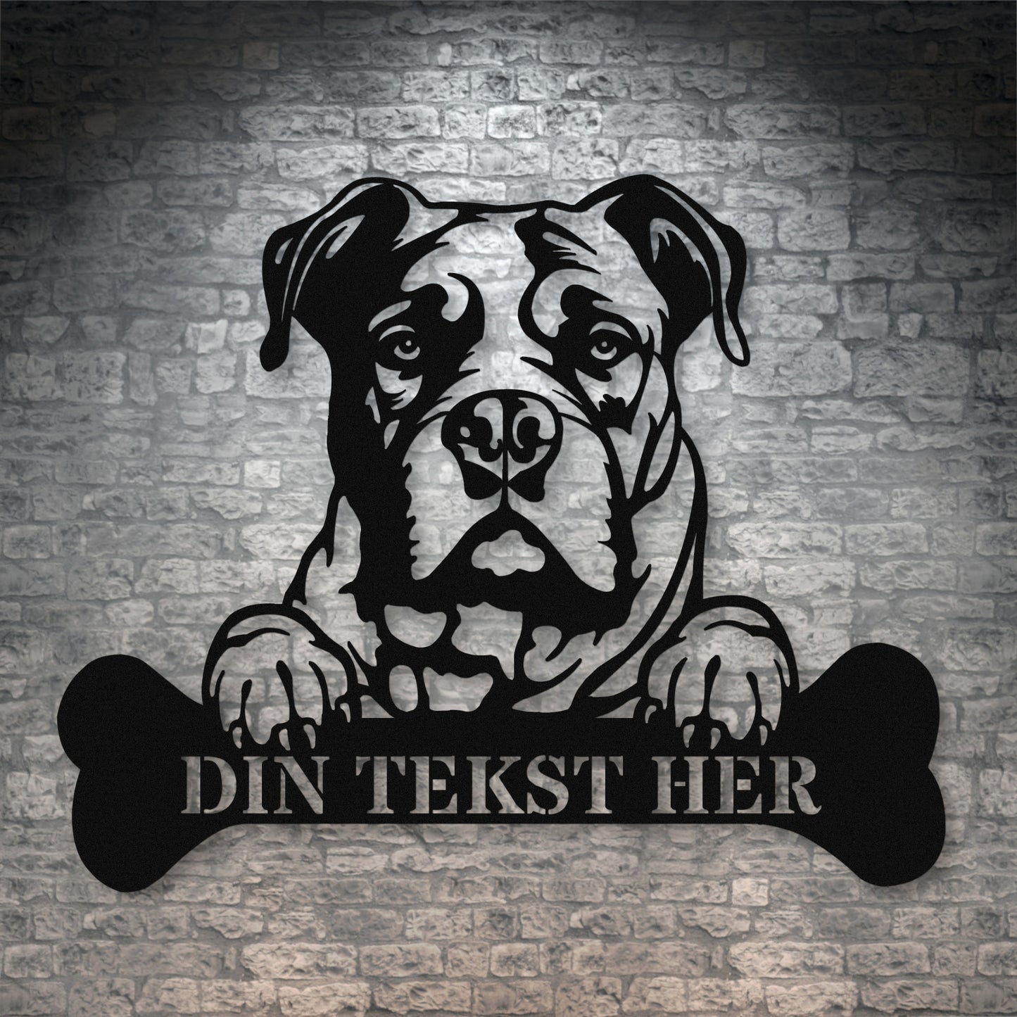 Personlig Amerikansk Bulldog hunde metalskilt i sort med personlig tekst. Hundeejer gaveidé