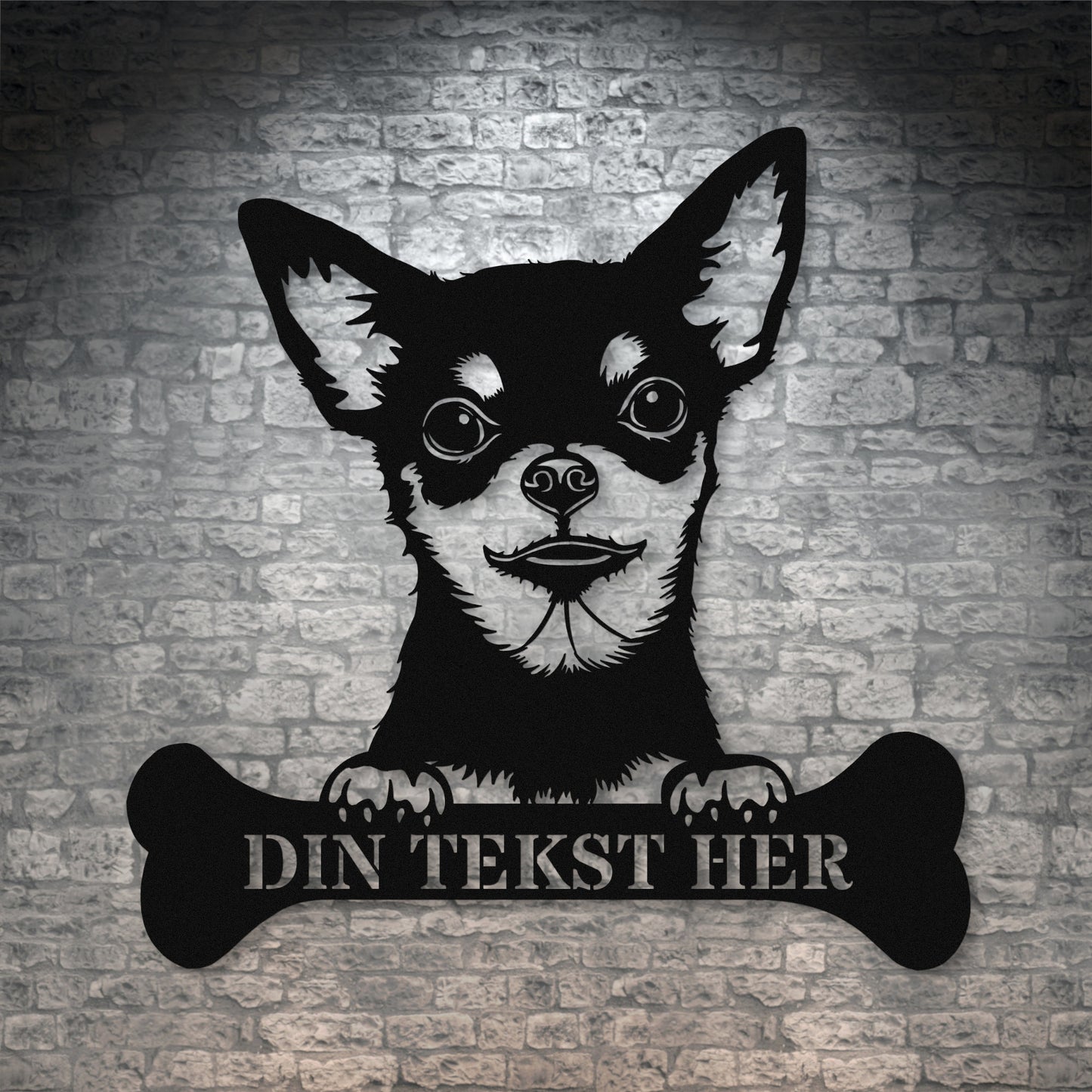 Personlig Chihuahua hunde metalskilt i sort med personlig tekst. Hundeejer gaveidé