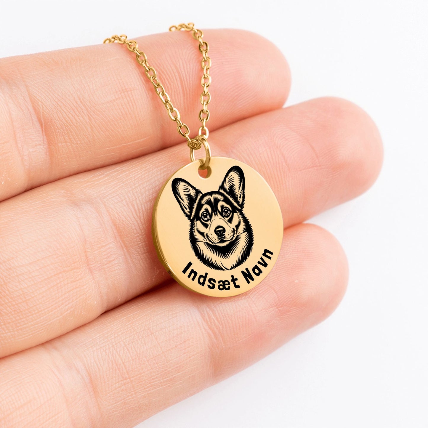 Personlig Corgi guld halskæde i smykkeboks med kærlig besked.
