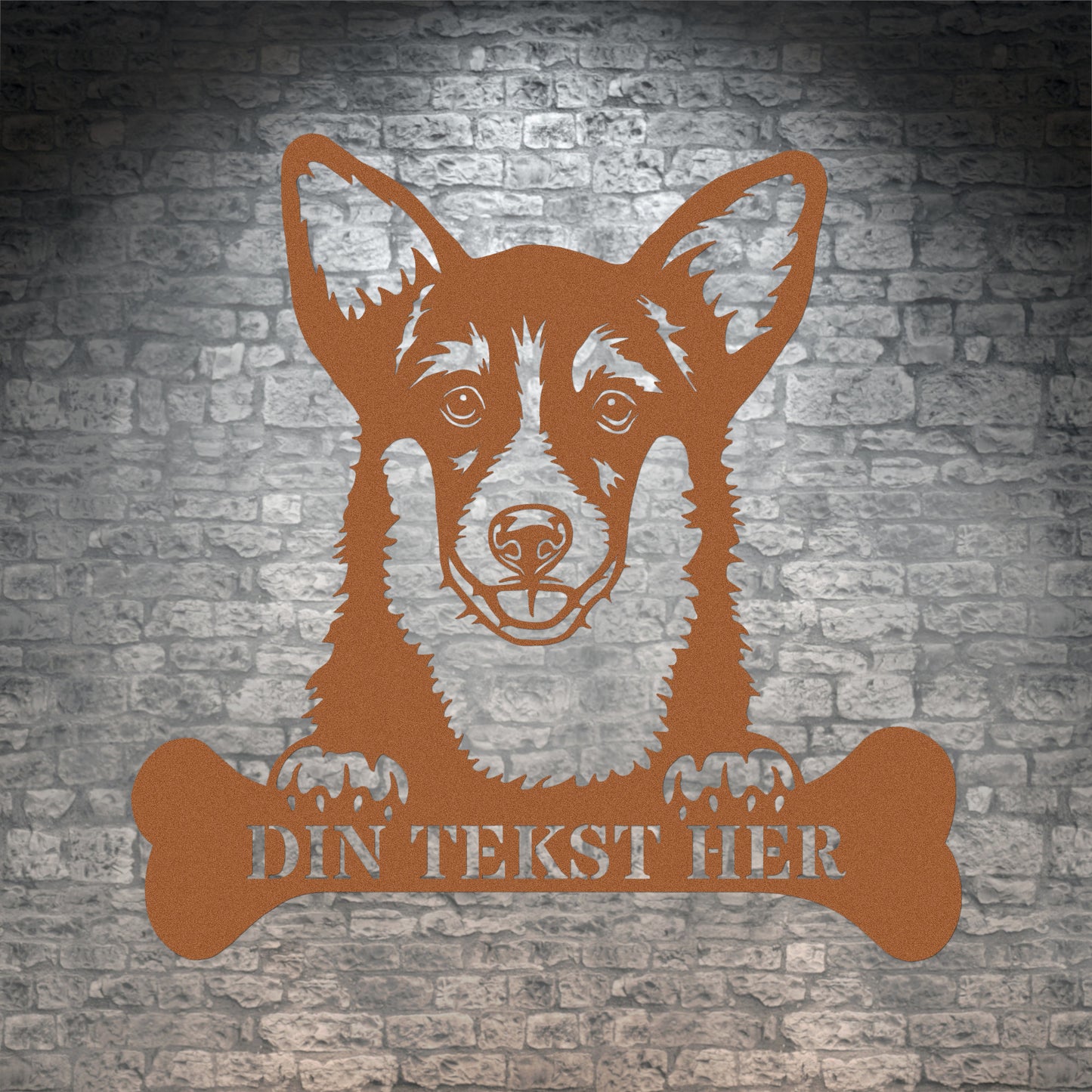 Personlig Corgi hunde metalskilt i brun med personlig tekst. Hundeejer gaveidé