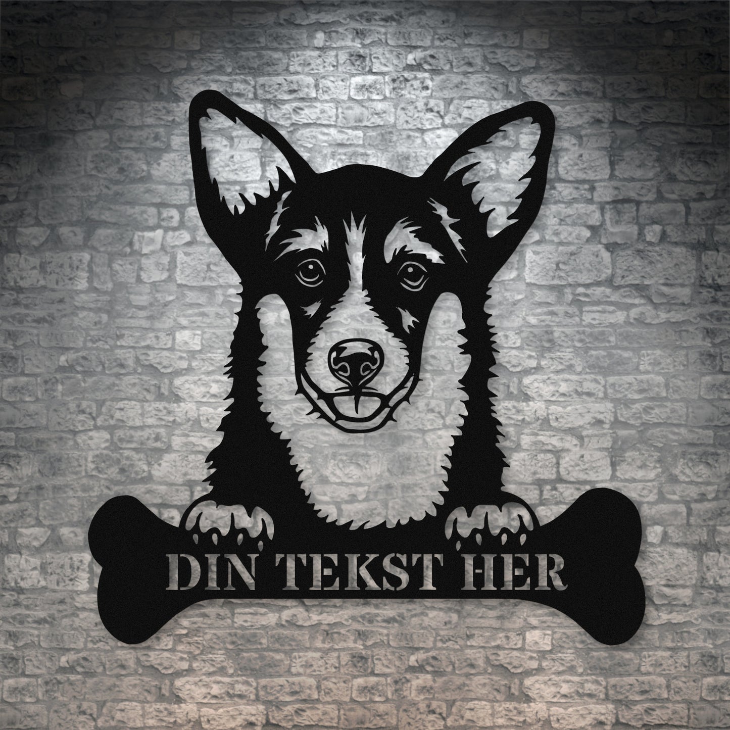 Personlig Corgi hunde metalskilt i sort med personlig tekst. Hundeejer gaveidé