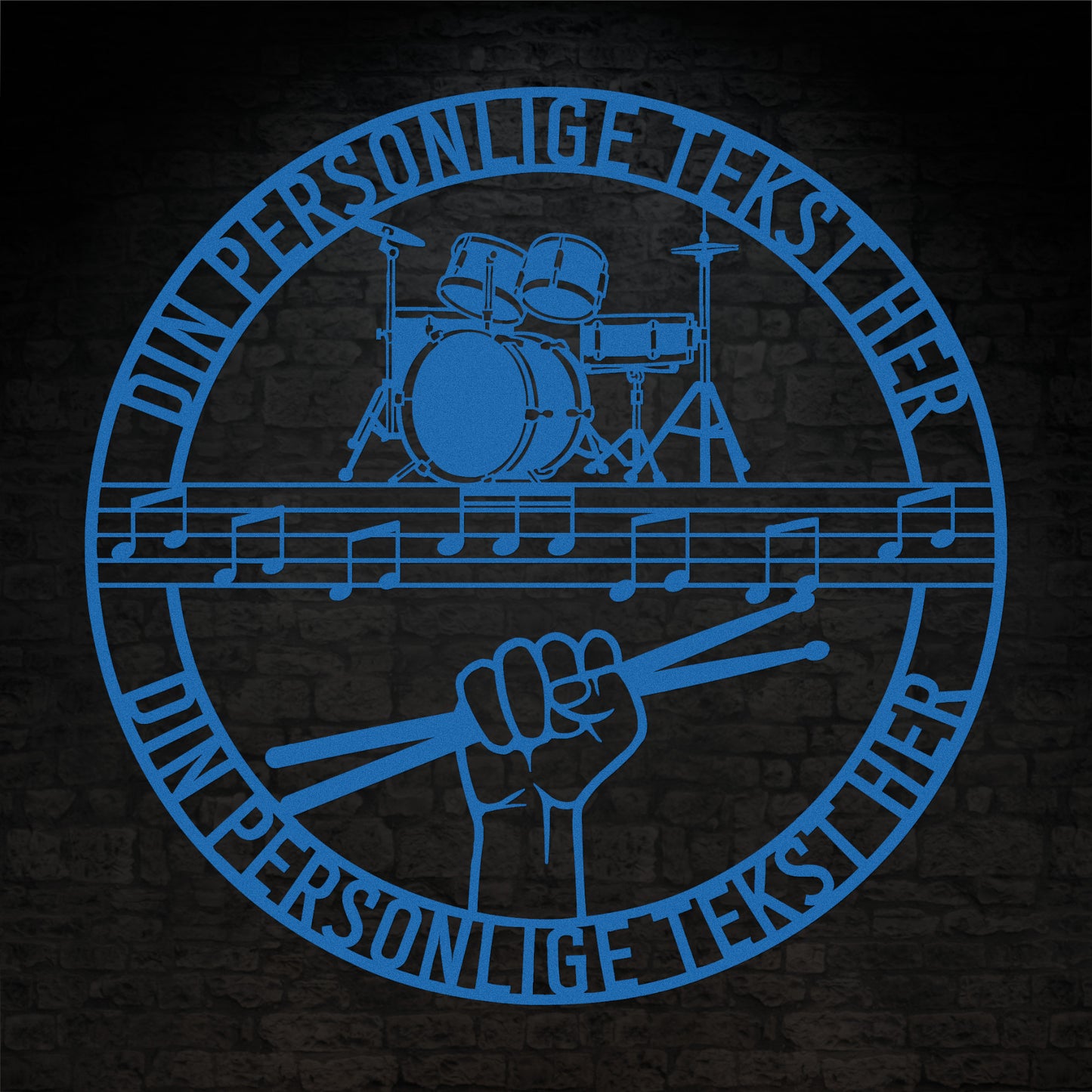 Personlig Musiker metal vægskilt i blå med tekst. Unik gaveidé til trommeslageren