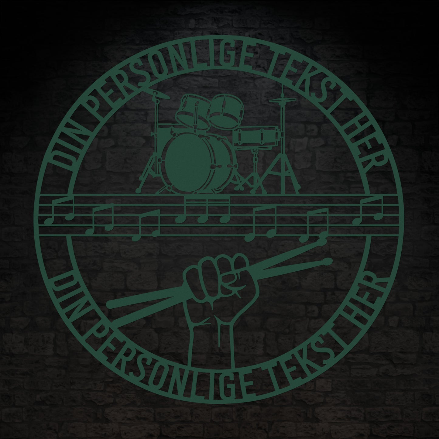 Personlig Musiker metal vægskilt i grøn med tekst. Unik gaveidé til trommeslageren