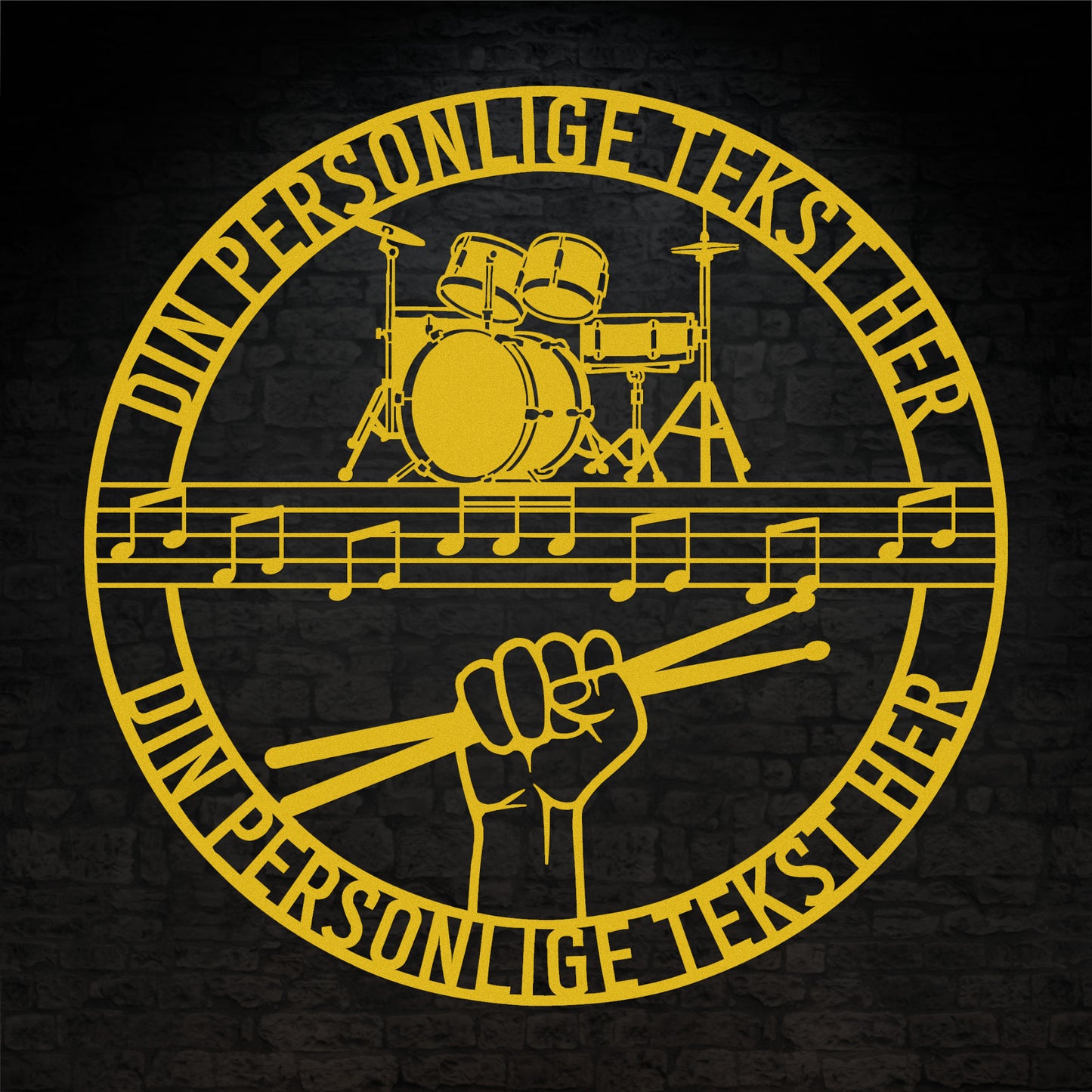 Personlig Musiker metal vægskilt i gul med tekst. Unik gaveidé til trommeslageren