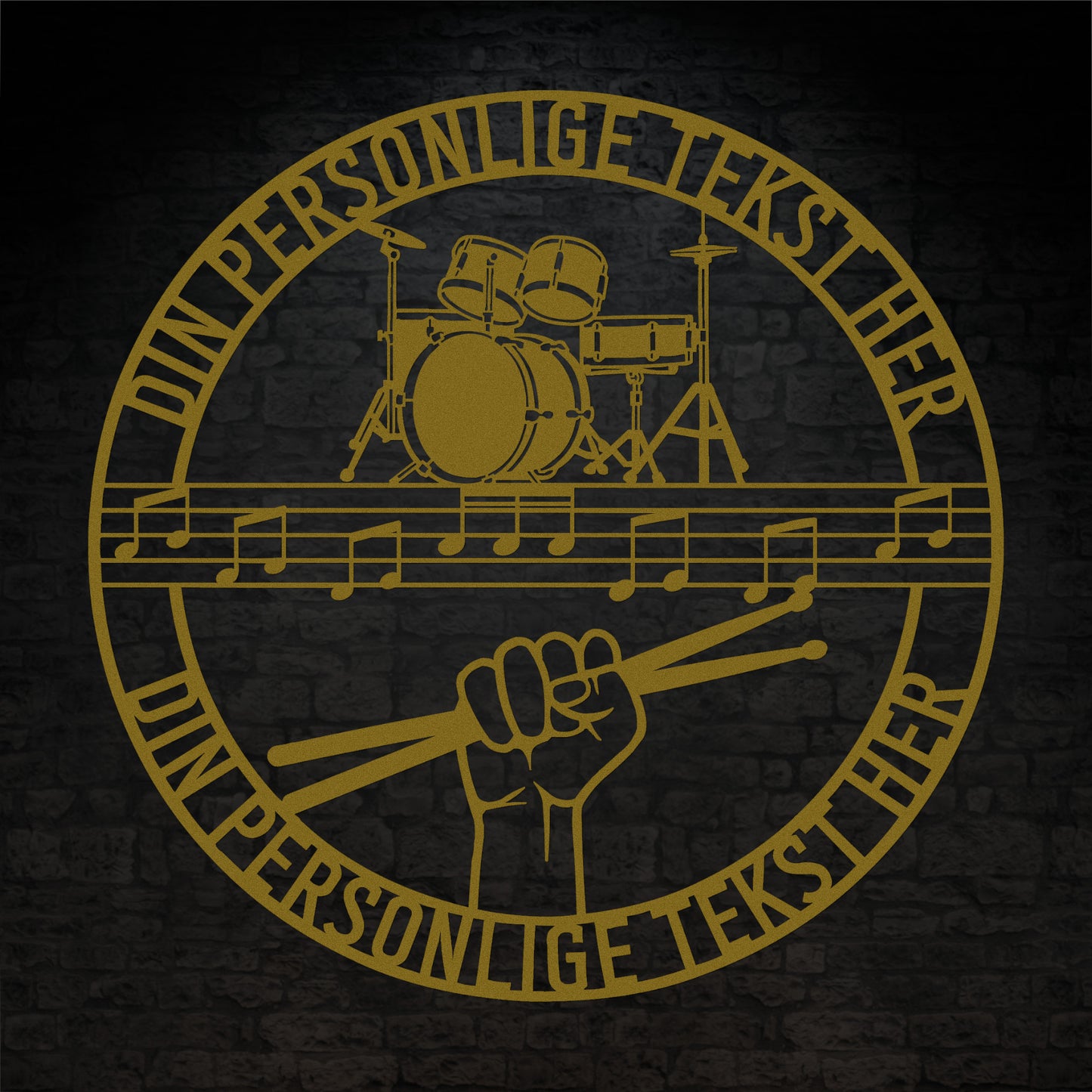 Personlig Musiker metal vægskilt i guld med tekst. Unik gaveidé til trommeslageren