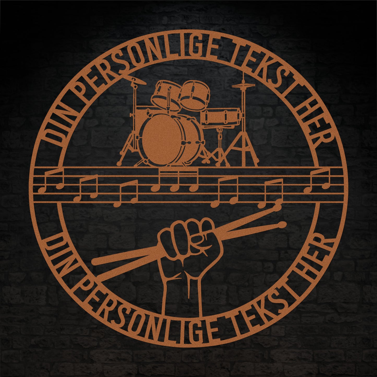 Personlig Musiker metal vægskilt i kobber med tekst. Unik gaveidé til trommeslageren