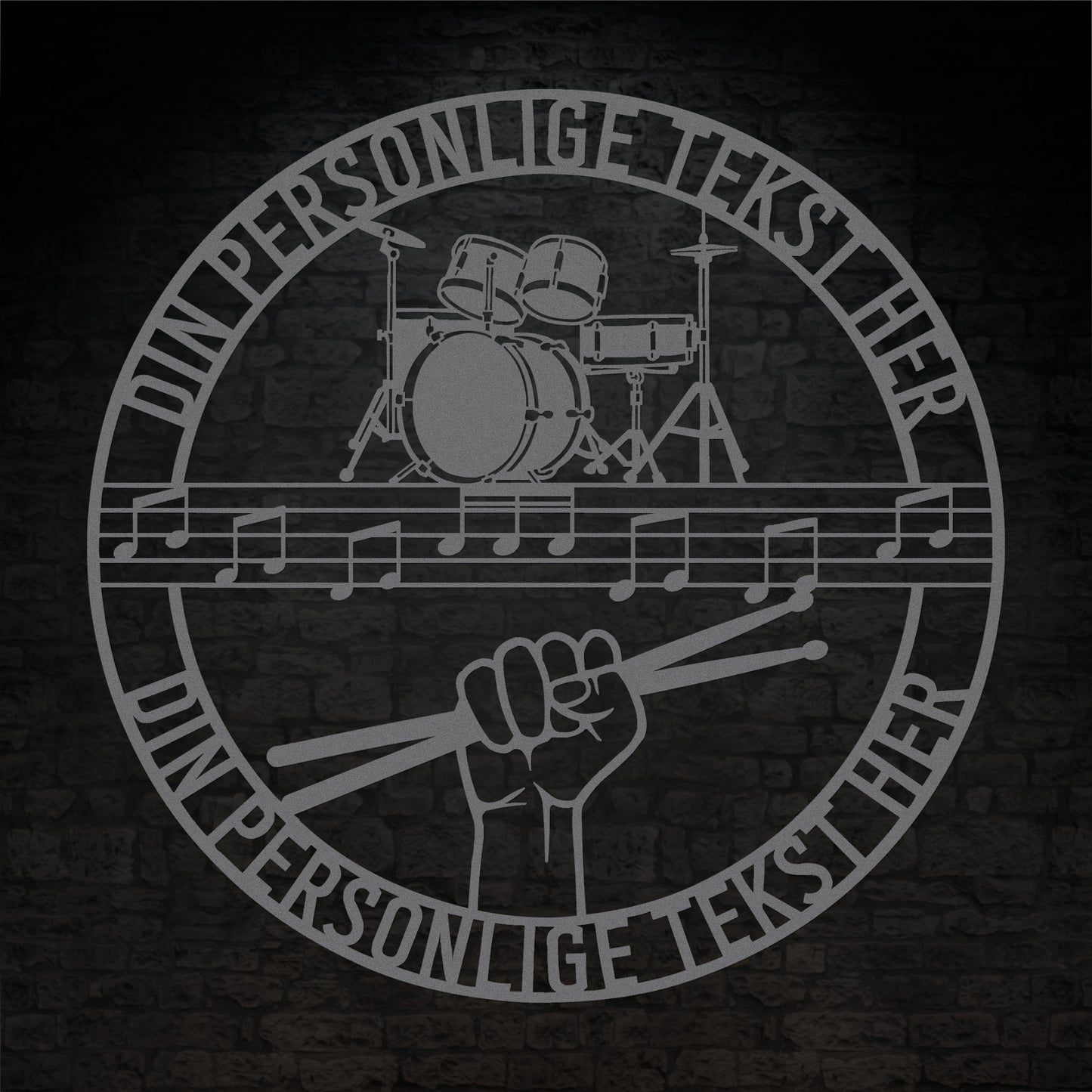 Personlig Musiker metal vægskilt i sølv med tekst. Unik gaveidé til trommeslageren
