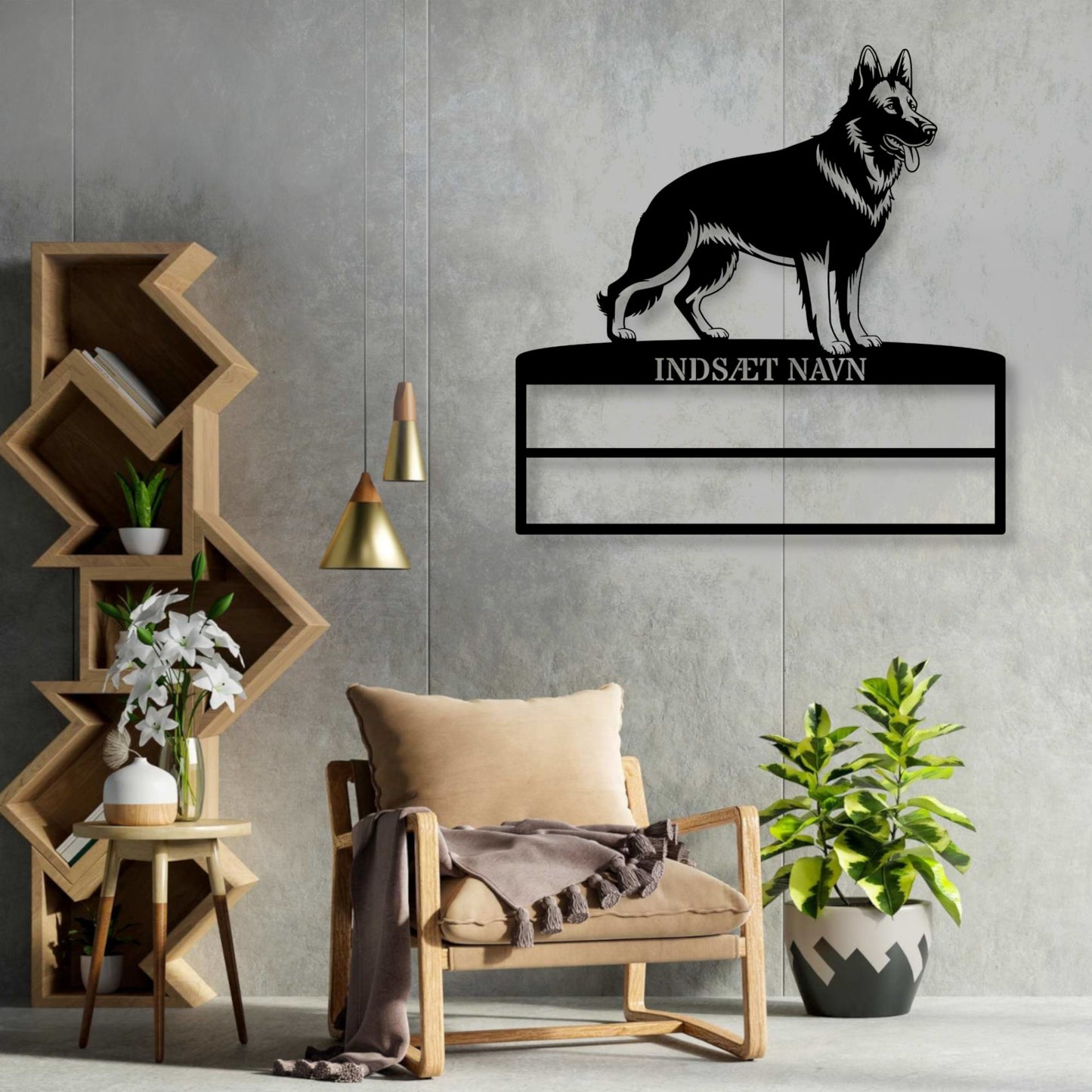 Personlig Schæferhund rosette display metalskilt med personlig tekst og navn. Unik Gaveide til hundeejer....