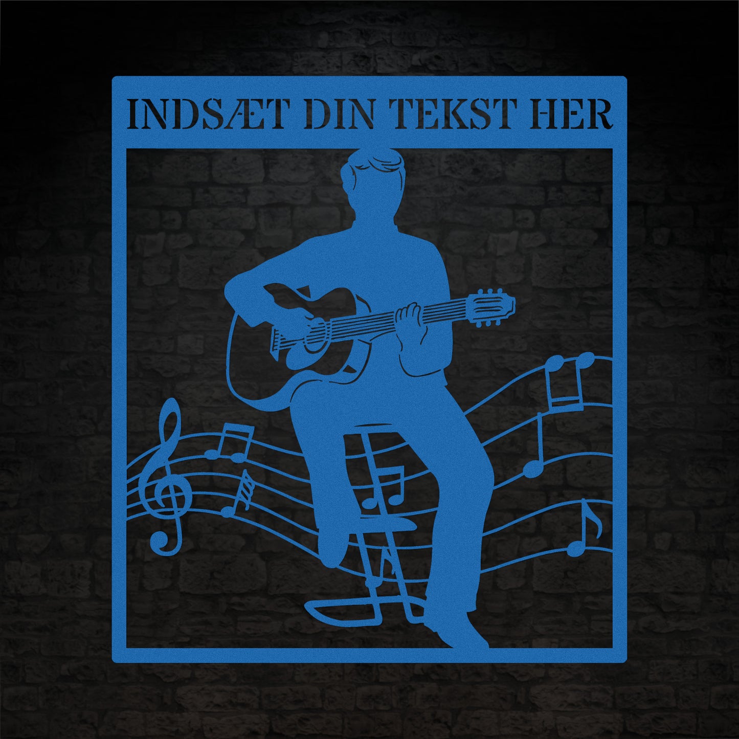 Personlig guitarist vægdekoration metalskilt i blå med tekst. Unik musikelsker navneskilt gaveidé