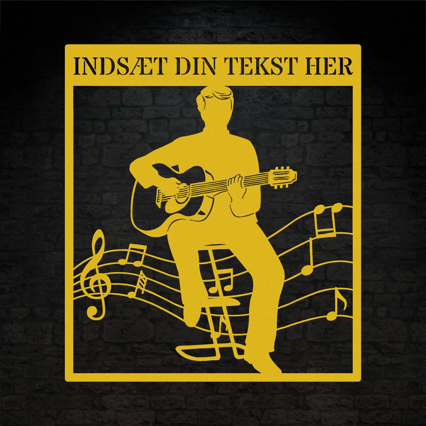Personlig guitarist vægdekoration metalskilt i gul med tekst. Unik musikelsker navneskilt gaveidé