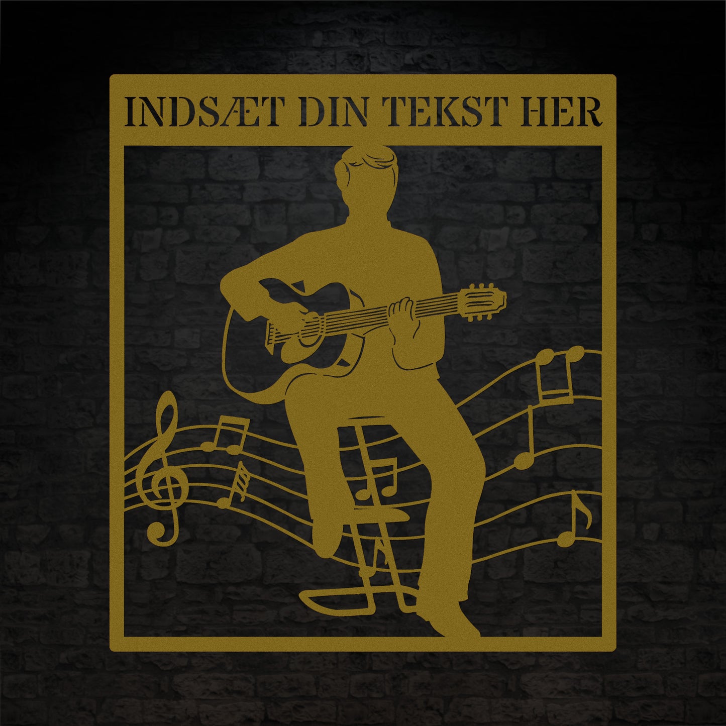 Personlig guitarist vægdekoration metalskilt i guld med tekst. Unik musikelsker navneskilt gaveidé
