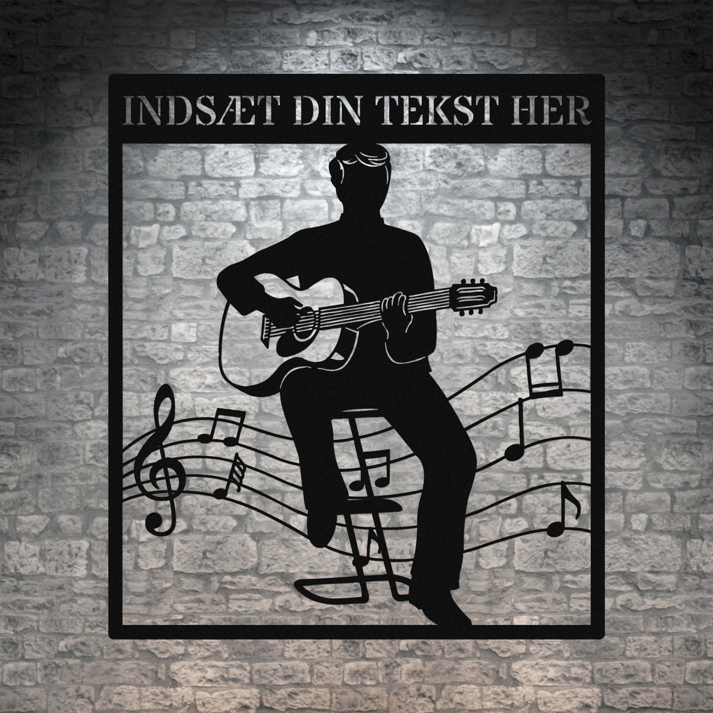 Personlig guitarist vægdekoration metalskilt i sort med tekst. Unik musikelsker navneskilt gaveidé