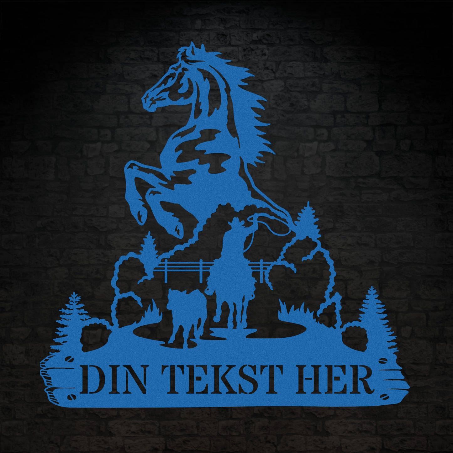 Personlig hest og cowboy metal vægskilt i blå med tekst. Unik display til hestestalden