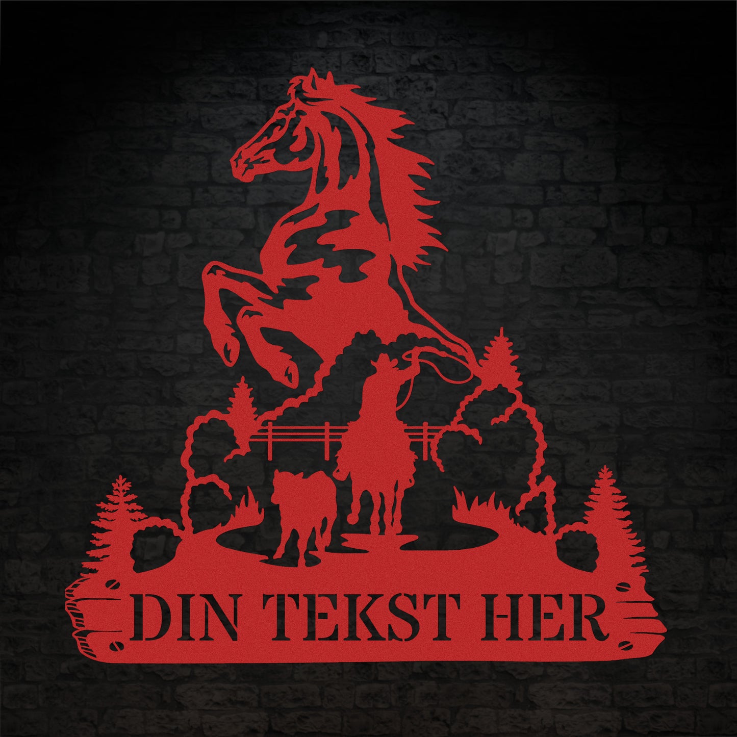 Personlig hest og cowboy metal vægskilt i rød med tekst. Unik display til hestestalden