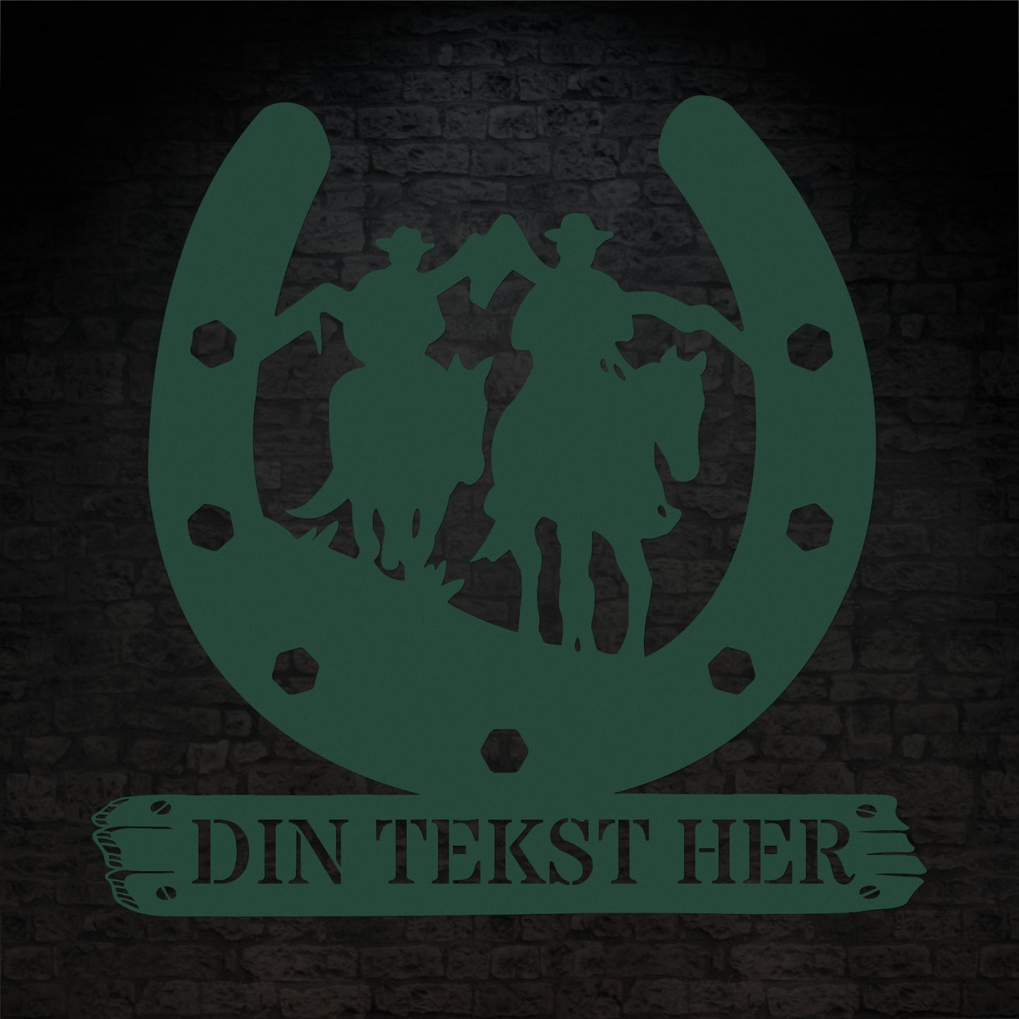 Personlig hesterytter metal vægskilt i grøn med tekst. Unik gaveidé til hesteejeren