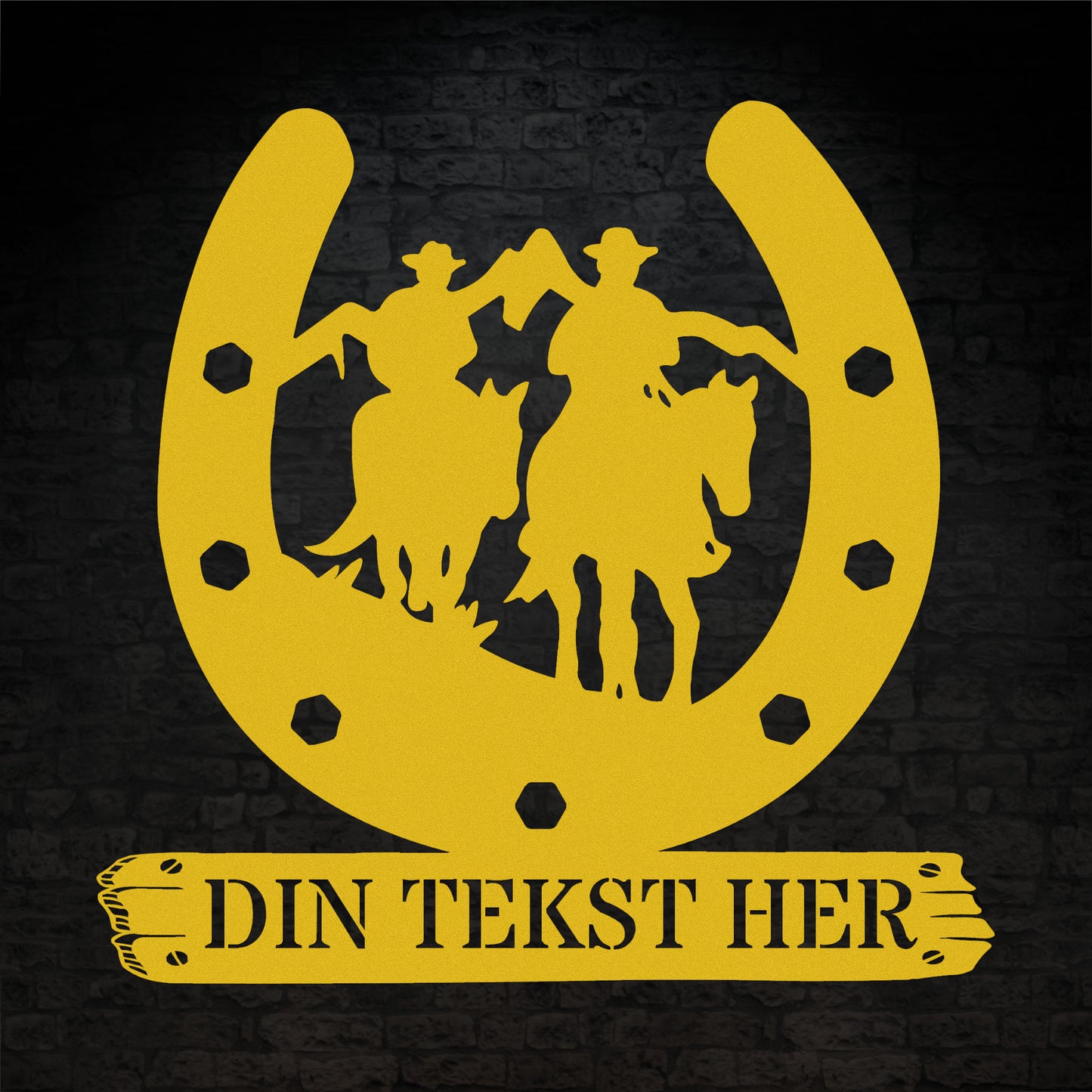 Personlig hesterytter metal vægskilt i gul med tekst. Unik gaveidé til hesteejeren