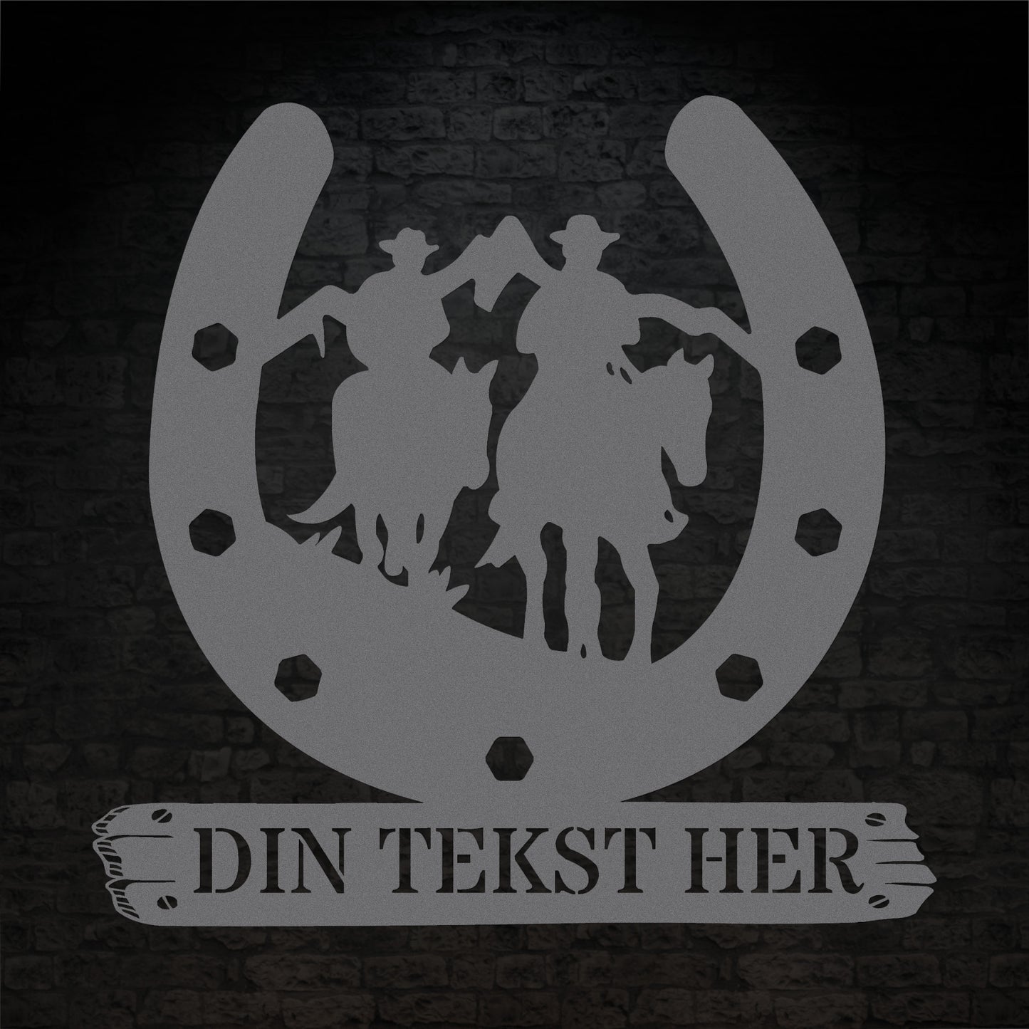 Personlig hesterytter metal vægskilt i sølv med tekst. Unik gaveidé til hesteejeren